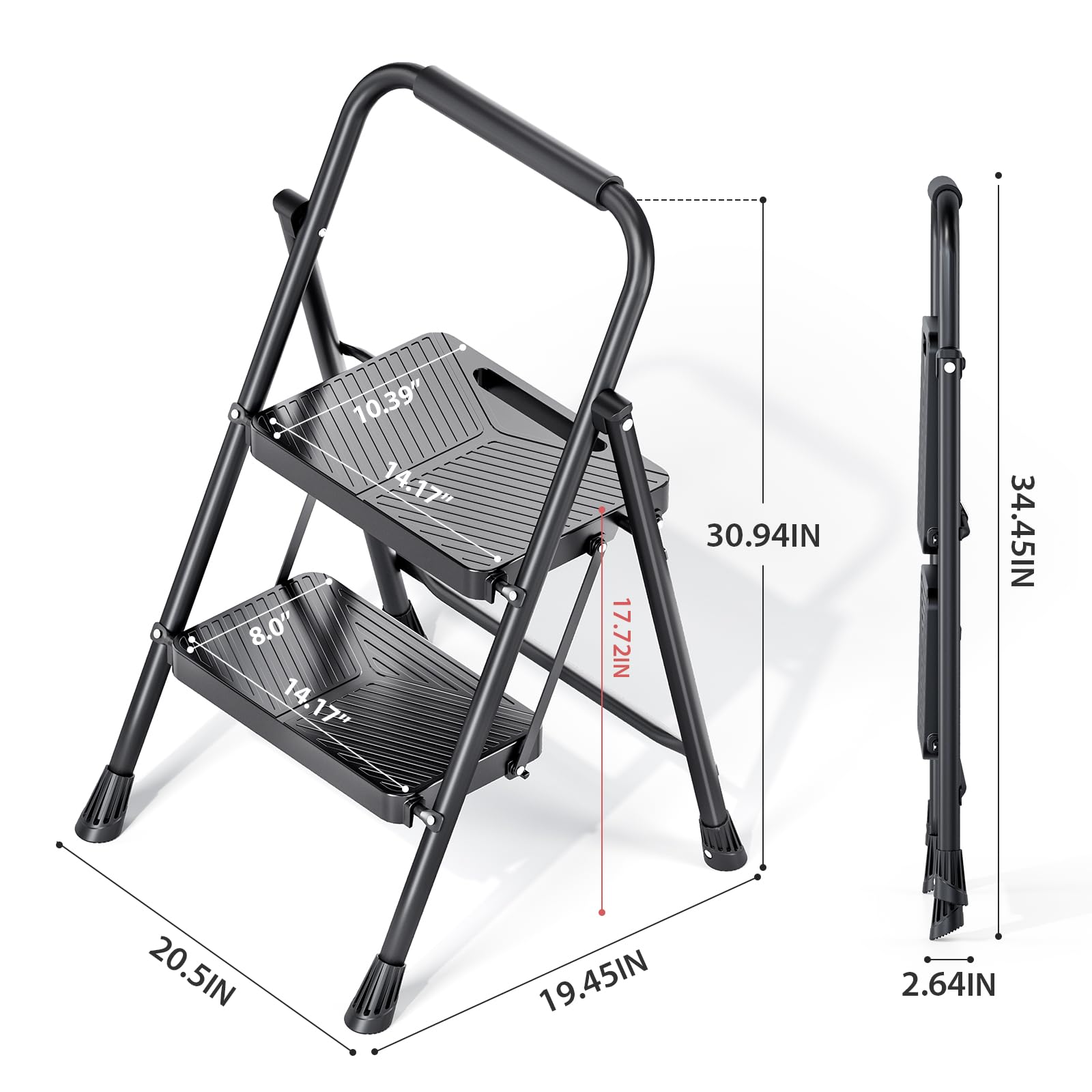 KINGRACK Escalera de 2 escalones, taburete plegable con diseño de bloqueo seguro, escalera de acero resistente de 500 libras con pedal antideslizante ancho, pasamanos conveniente para el hogar y la
