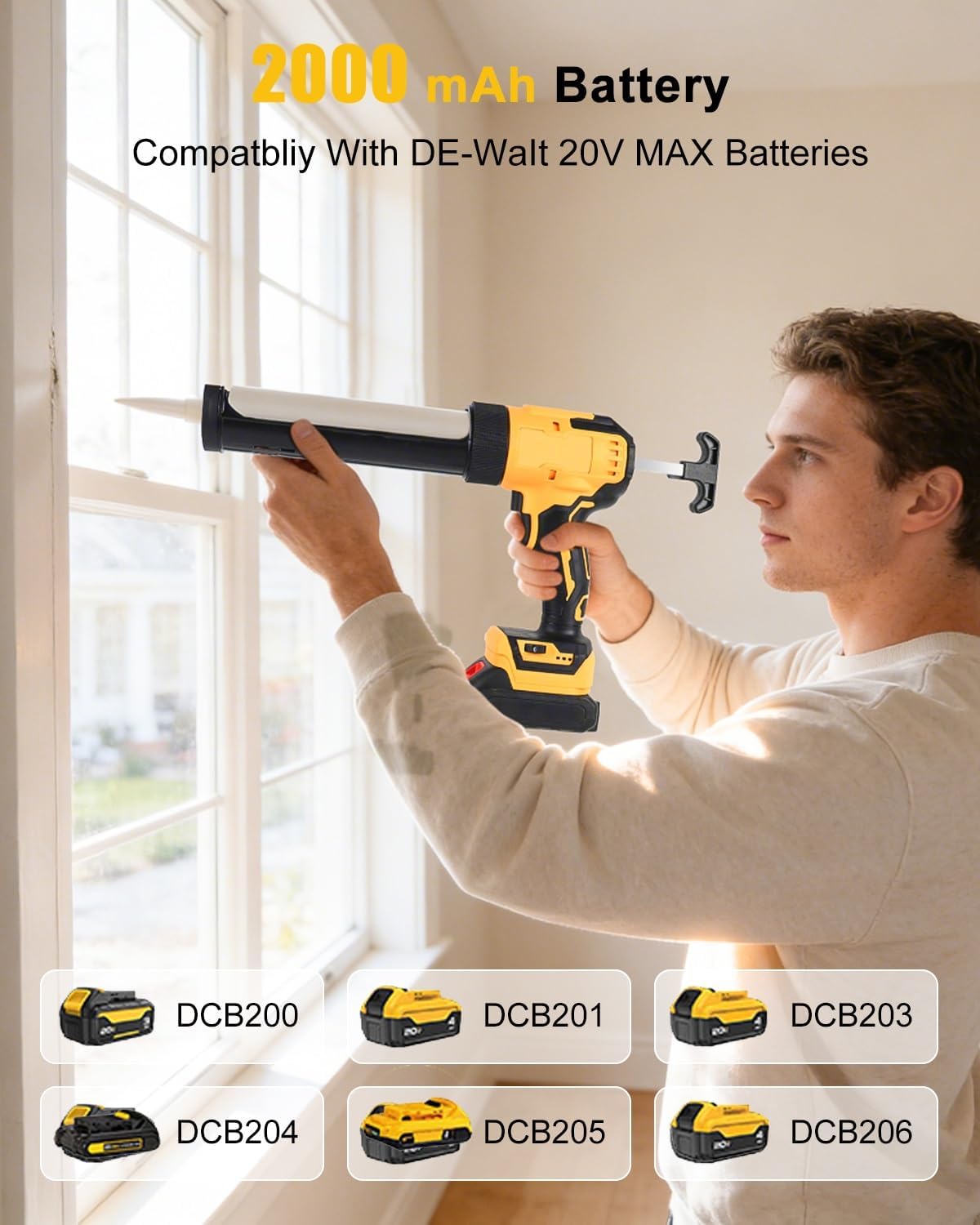 Cordless Caulking Gun, Electric Caulk Gun w/2.0Ah Battery, Compatible with De-Walt 20V Max Battery, 10oz Battery Powered Caulk Gun, 12Pcs Silicone Caulking Tools, 6 Speed for Filling, Sealing, Repair