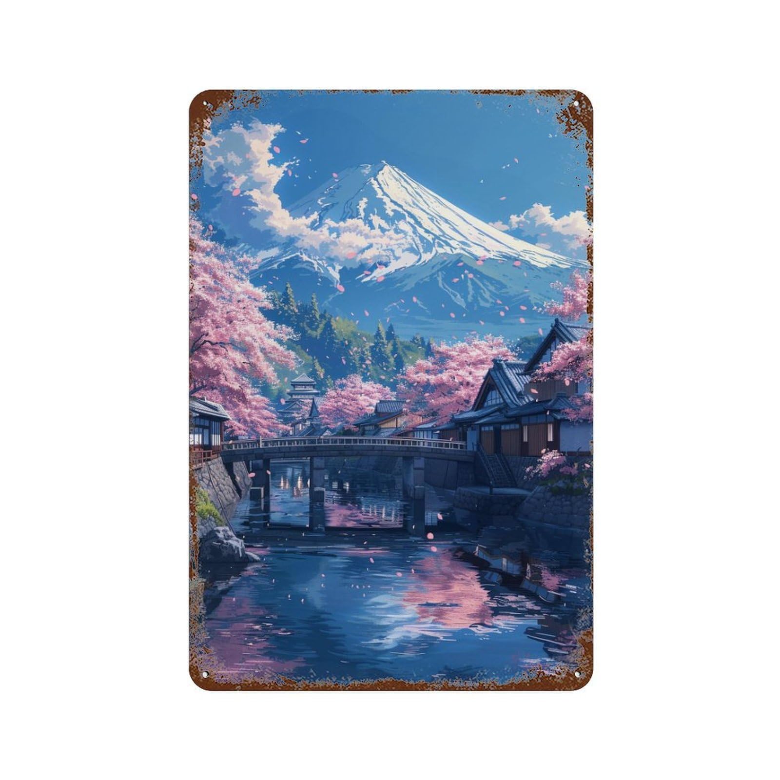 Cherry Blossom Village with Mount Fuji -1 Vintage Metal Tin Sign 11.8"x7.9", Old School Wall Decor for Living Room, Hallway And Home Decor