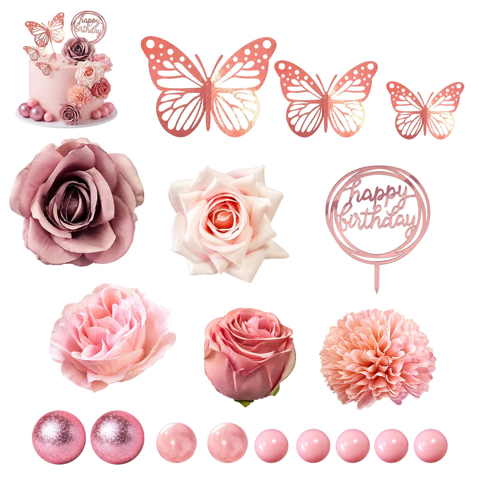 Flower Cake Toppers, Flower Cake Decorations with Butterfly Accents, 27-Piece Pink Floral Set for Wedding Baby Shower Party Arrangements and DIY Craft Projects
