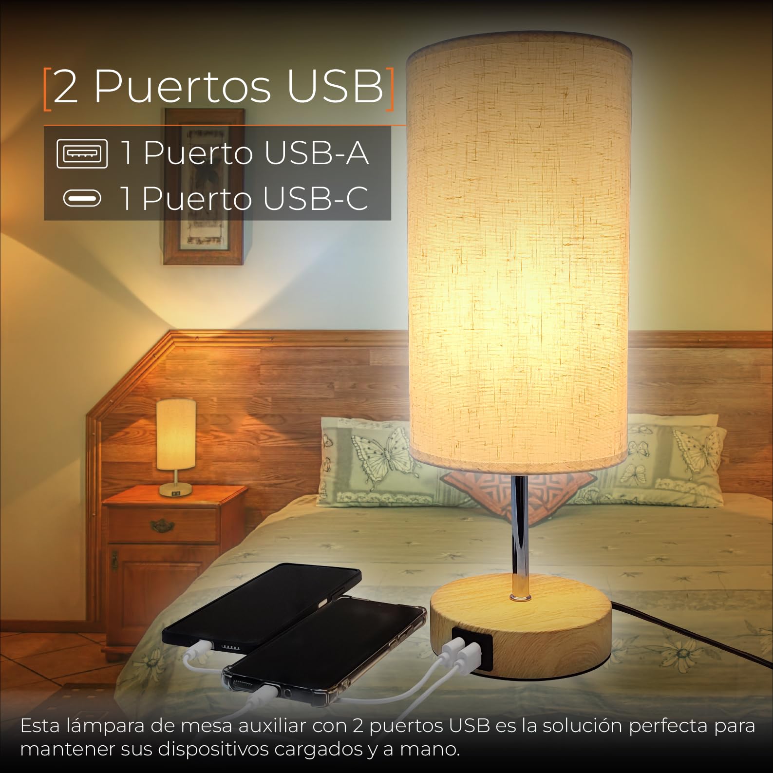 LED ATOMANT 2x LED-Nachttischlampe Beige Taktil Dimmbar 2 USB A+C