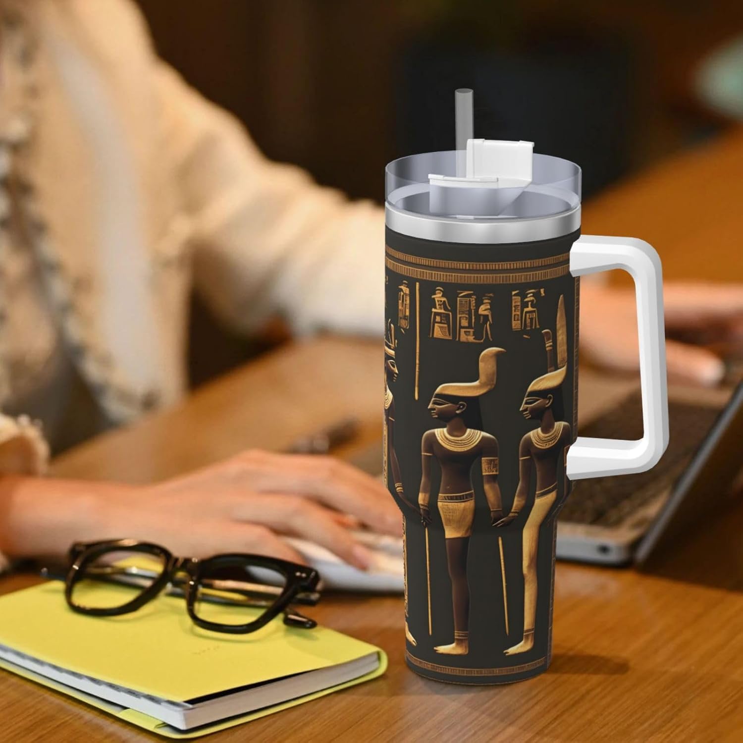 40 OZ Ancient Egyptian Hieroglyph Print Ice Bully Cup with Handle Straw Lid Straw,Stainless Steel Tumbler Coffee Cup