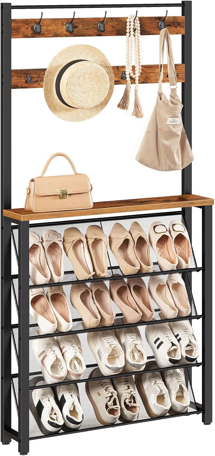HOOBRO Hall Tree with Bench, Narrow Shoe Rack with Coat Rack, Coat Rack with Shoe Storage, 5 Tier Slanted Shoe Storage Organizer, Coat and Shoe Rack Entryway, Slim Hall Tree, Rustic Brown BF20MT01