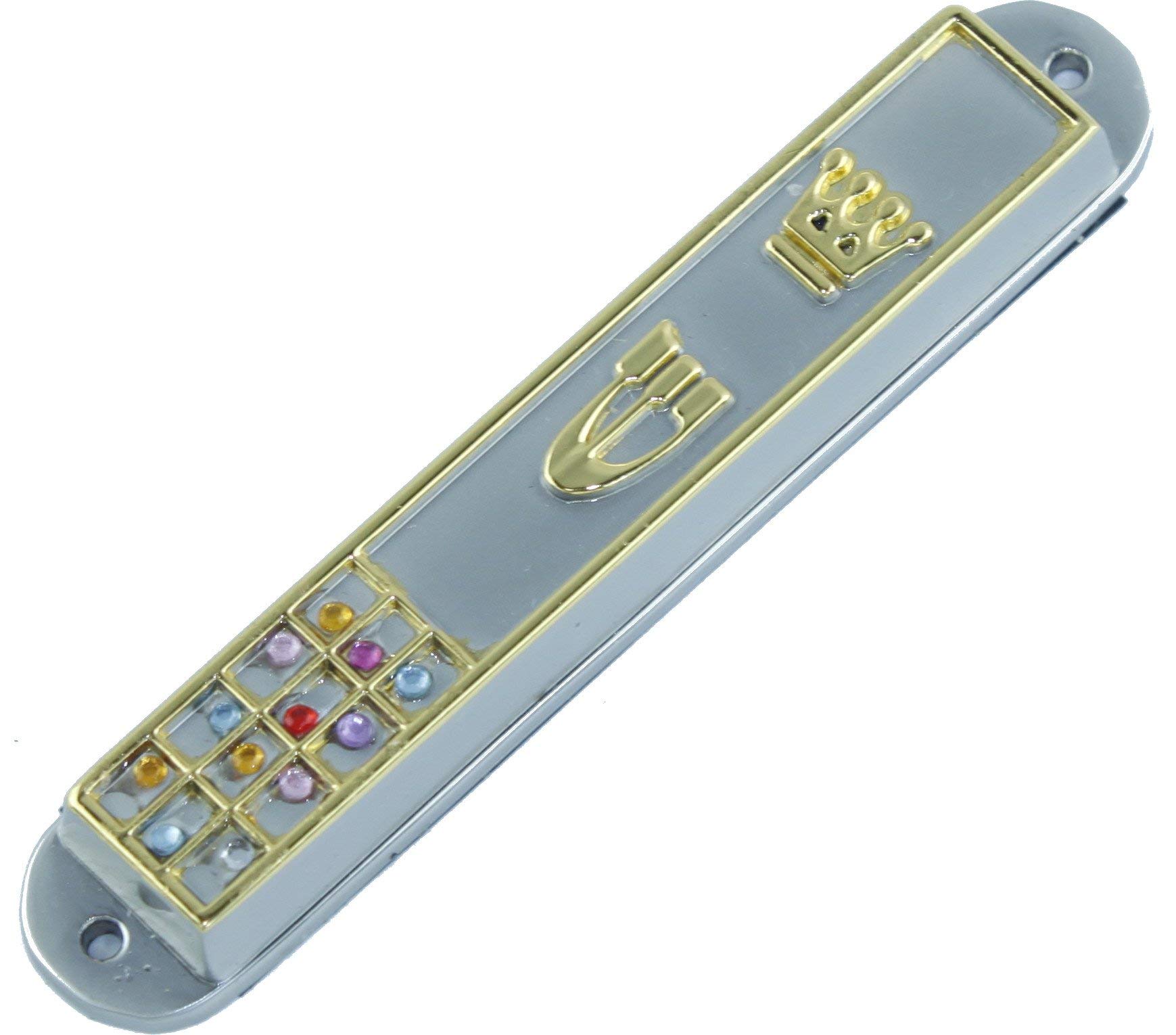 Holy Land Market Crown Silver and Gold Plated Mezuzah hoshen Stones. 3.5 Inches and Comes with The priestly Breastplate