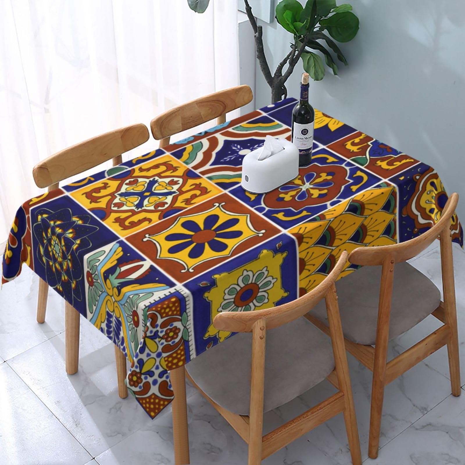 HLBSDM Mexican Talavera Ceramic Tiles Rectangle Tablecloth, Suitable for Wedding, Party and Restaurant Festival Gathering Event Polyester Fabric Decorative Tablecloth(54x72in)