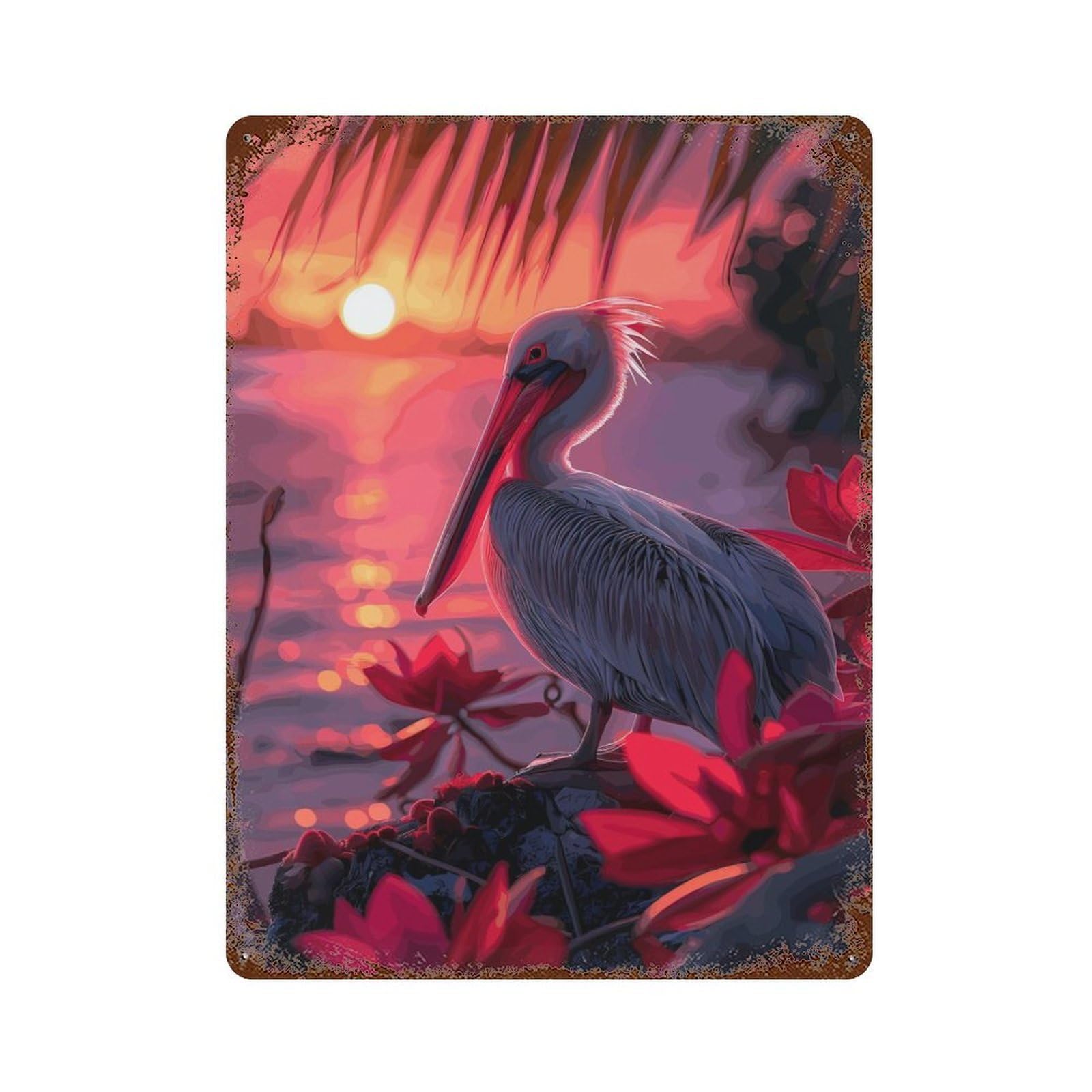 Aged Metal Wall Plaque with Pelican Rock Sunset Design 15.7"x11.8", for Basement, Hobby Room And Garage Decor, Farmhouse Wall Decor