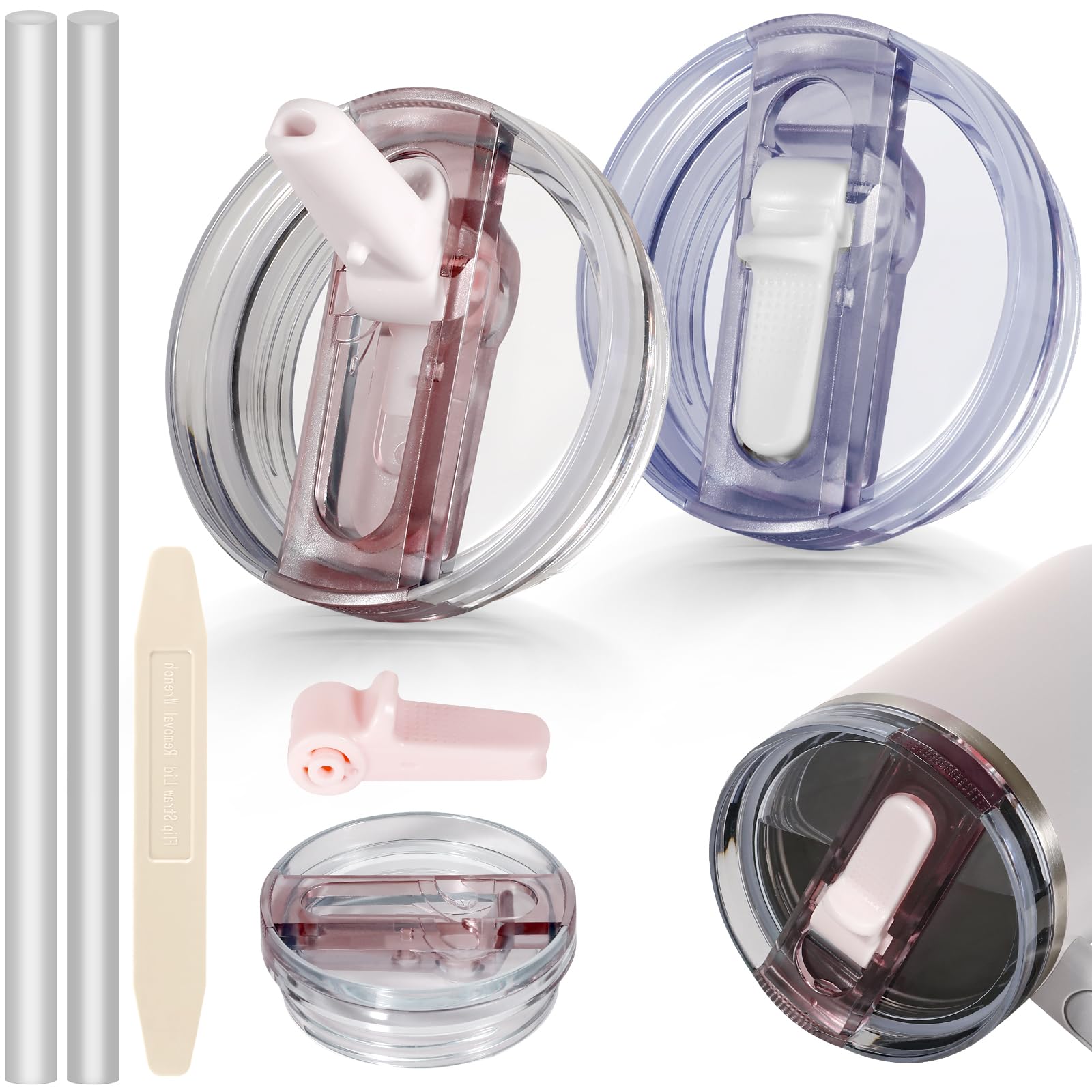 ANTAND 14 oz Flip Straw Lid Replacement for Stanley Cup Accessories, 2 Pack Leakproof Spill Proof Tumbler Lids Cover for 14oz Stanley Cups, Detachable No Spill Top Replacement (Rose Quartz, White)