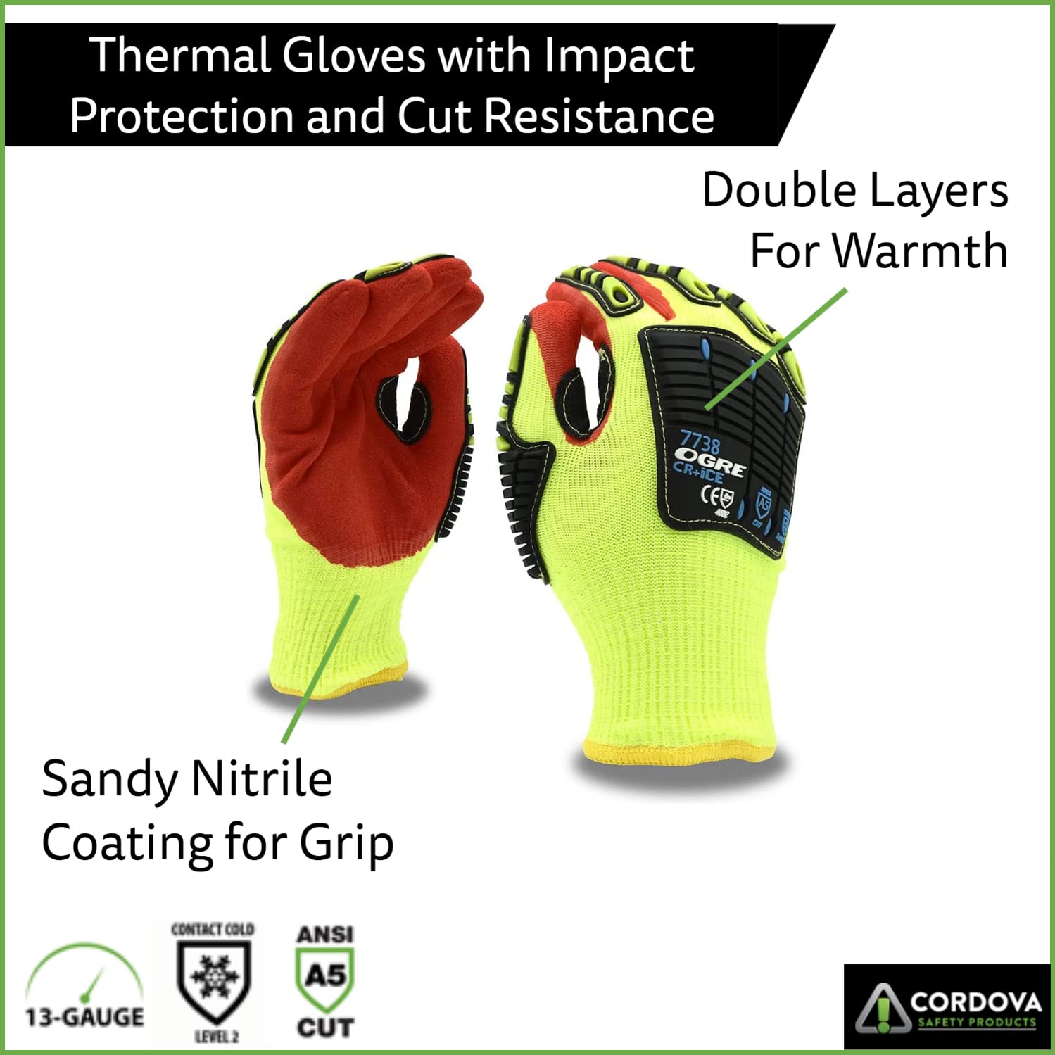 Cordova 7738 Thermal Gloves, 2-Ply Brushed Acrylic and HPPE/Glass, Cut-Resistant Gloves for Cold Weather, ANSI Cut Level A5, TPR Impact Protection, Sandy Nitrile Coating for Grip, Large