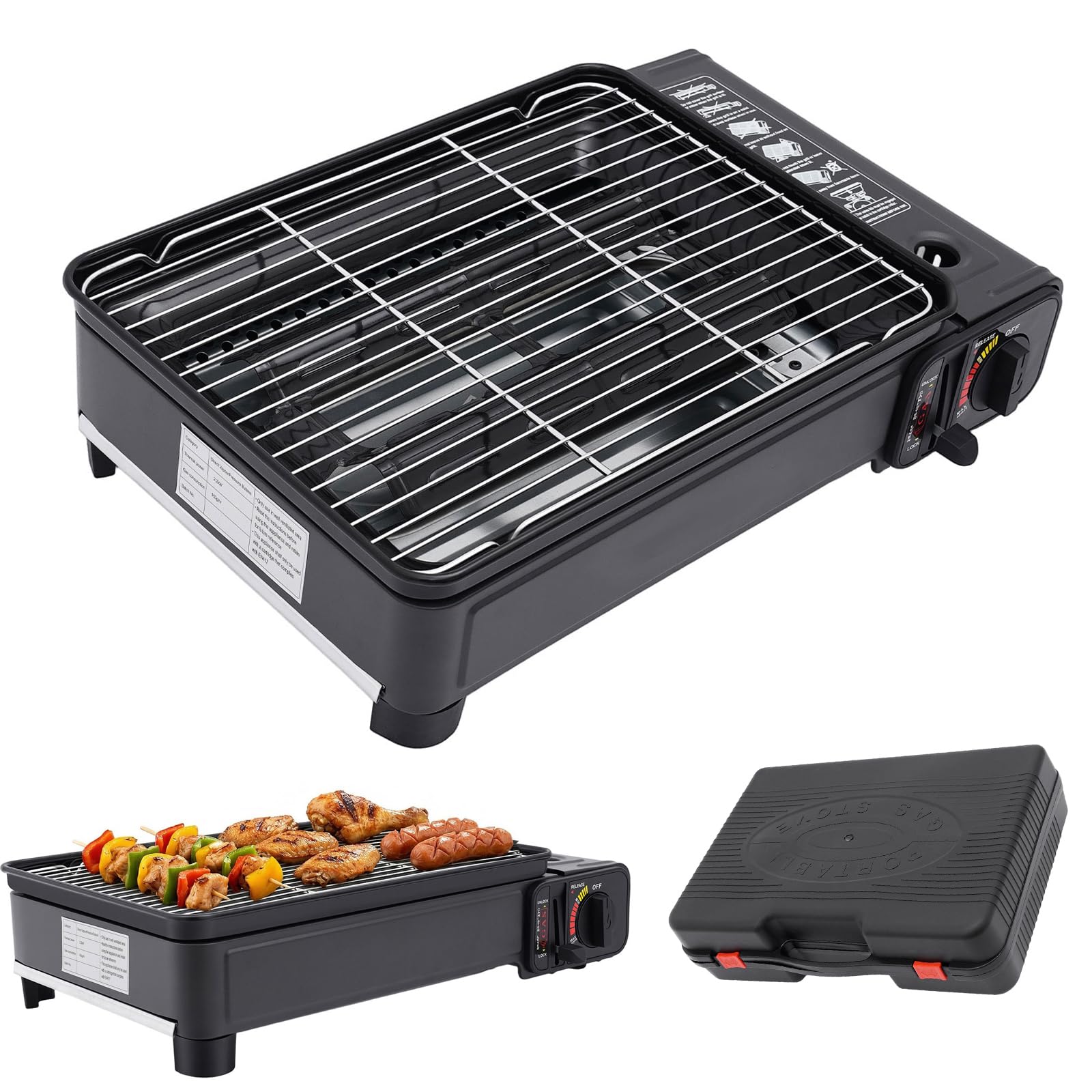Camping grill gazowy 2200 W, przenośny grill stołowy z torbą do | Kempingowa kuchenka gazowa z tacką na tłuszcz, zabezpieczenie przed nadciśnieniem, do butanu / zbiornika LPG