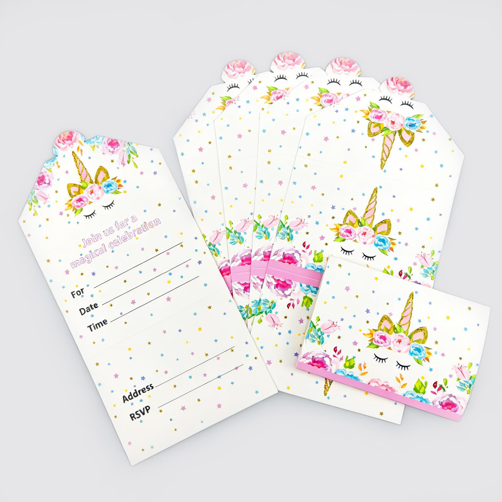 Giftmefine 30 Pcs Party Invitations for Kids: Girls Birthday Party Invites with Thick Cardstock Folding Envelope Design Fill in Birthday Invitations for Kids Girls Children Party Supply Kit (Unicorn)