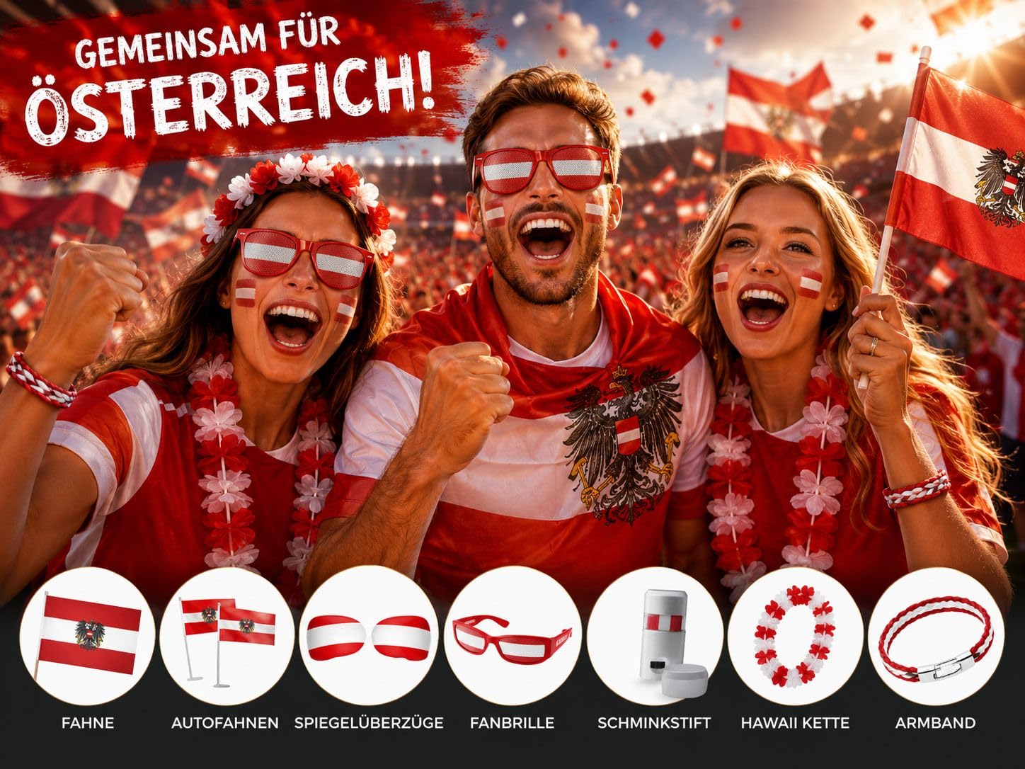 Taffstyle Österreich Fan Set 7 Teilig Fußball EM WM Fanartikel mit Fahne Autofahnen Spiegelüberzügen Fanbrille Schminkstift Hawaii Kette Armband