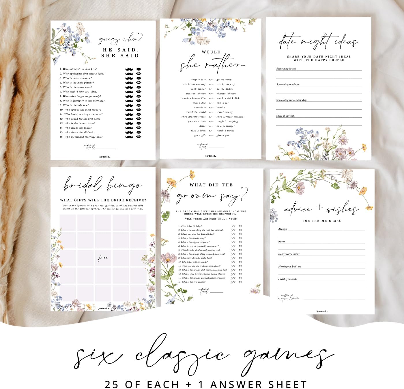 gardencity bridal shower games set for 25 guests - 6 fun activities, double-sided cards (floral) floral bridal set of 6