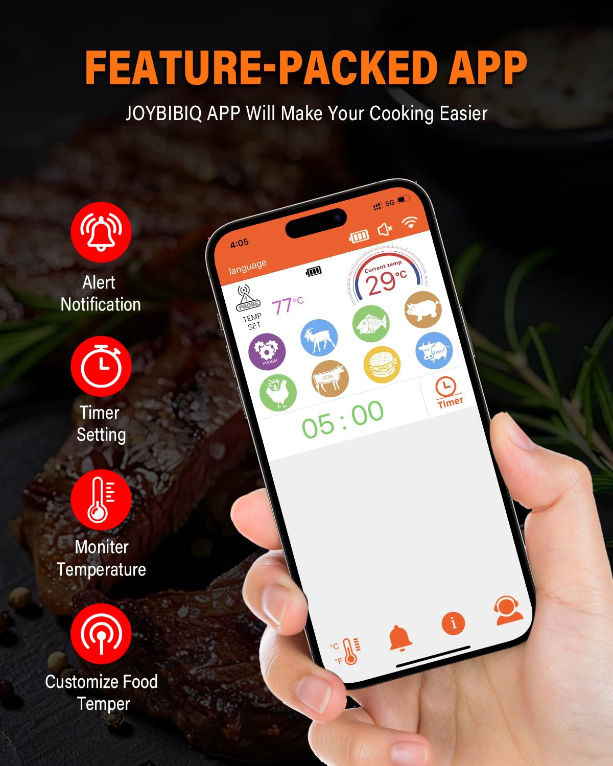 Termometro Cocina, Apkezel Termometro Digital Cocina Inalámbrico con Aplicación, IP67 a Prueba de Agua Meat Thermometer, Termometro Carne para BBQ, Horno, Grill, Cocina, Asador