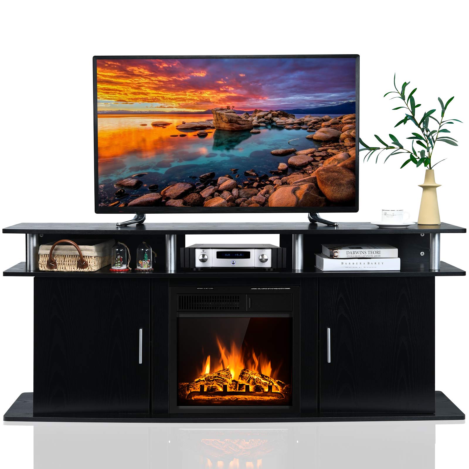 Tangkula Fireplace TV Stand, Living Room Media Console Table w/1500W Electric Fireplace for TVs up to 70 Inches, Modern TV Console w/Fireplace, Remote Control & Adjustable Brightness (Black)