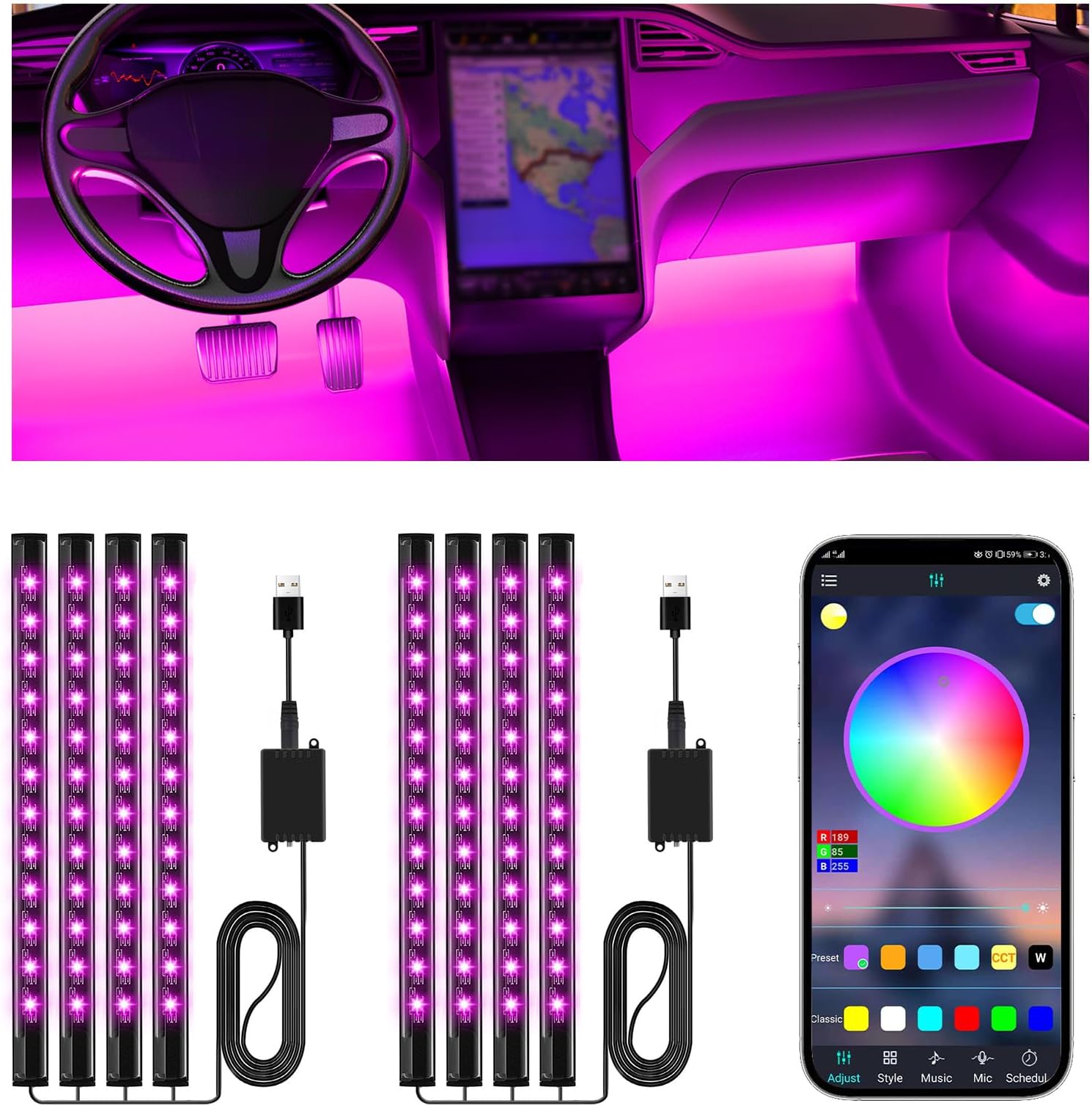 Winzwon Car Led Lights Interior 4 Pcs 48 Led Strip Light for Car with USB Port APP Control for iPhone Android Smart Phone Infinite DIY Colors Music Microphone Control