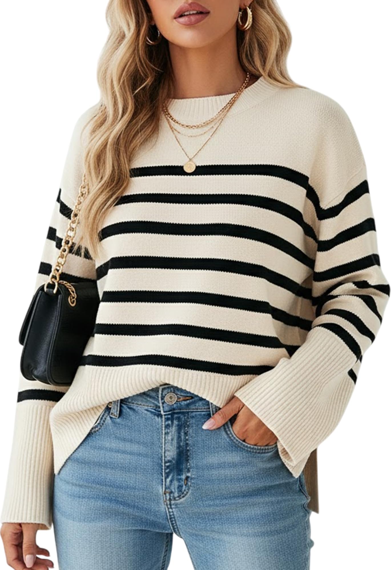 Striped Pattern Knit Sweater for Women Trendy Crewneck Fall Winter Pullover with Side Split Soft and Comfortable Long
