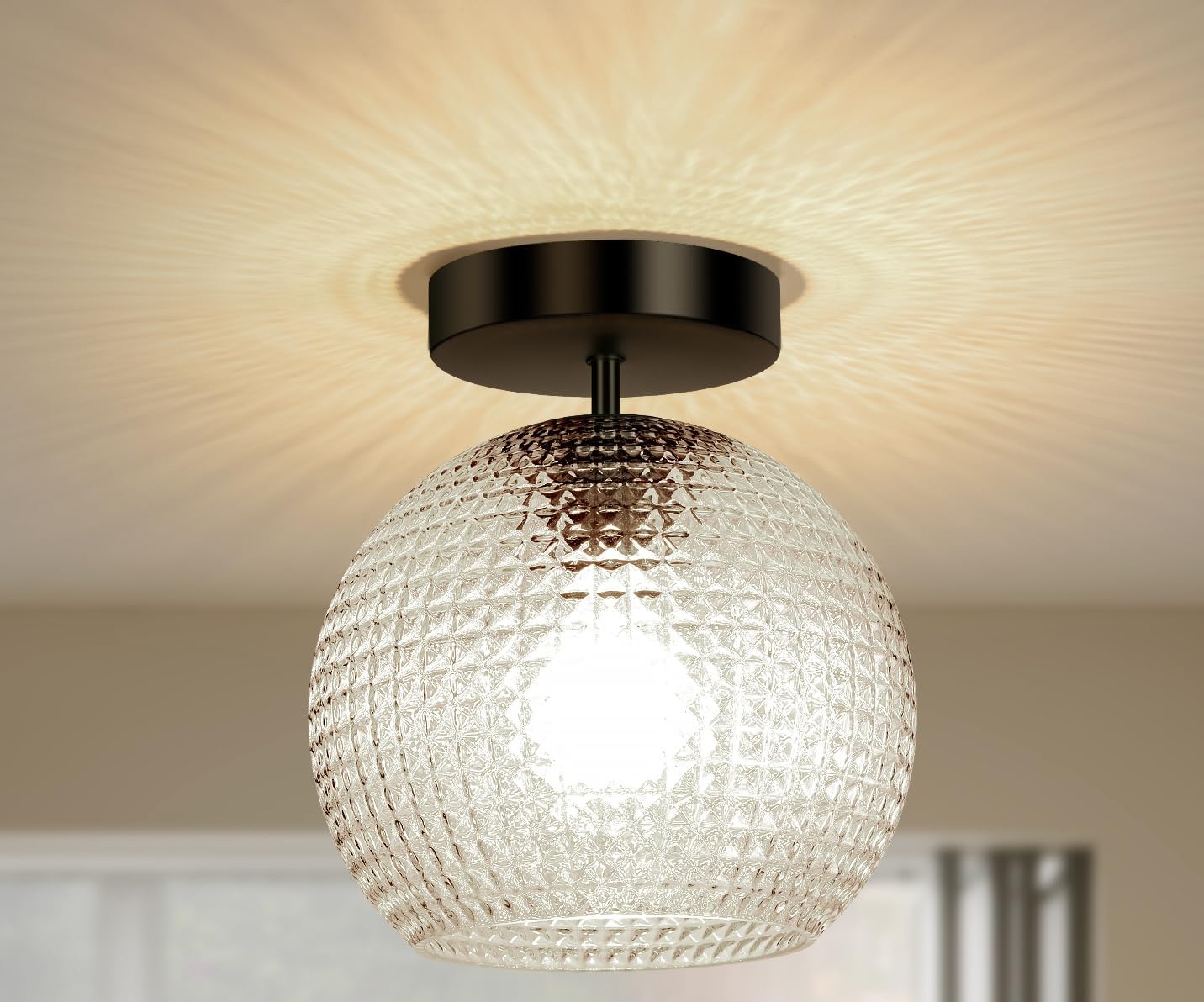 VANoopee Black Semi Flush Mount Ceiling Light Fixture, Hallway Lighting Fixtures Ceiling, Vintage Close to Ceiling Light Fixture, Globe Glass Ceiling Lamp for Bathroom Entryway, E26 Base (No Bulbs)