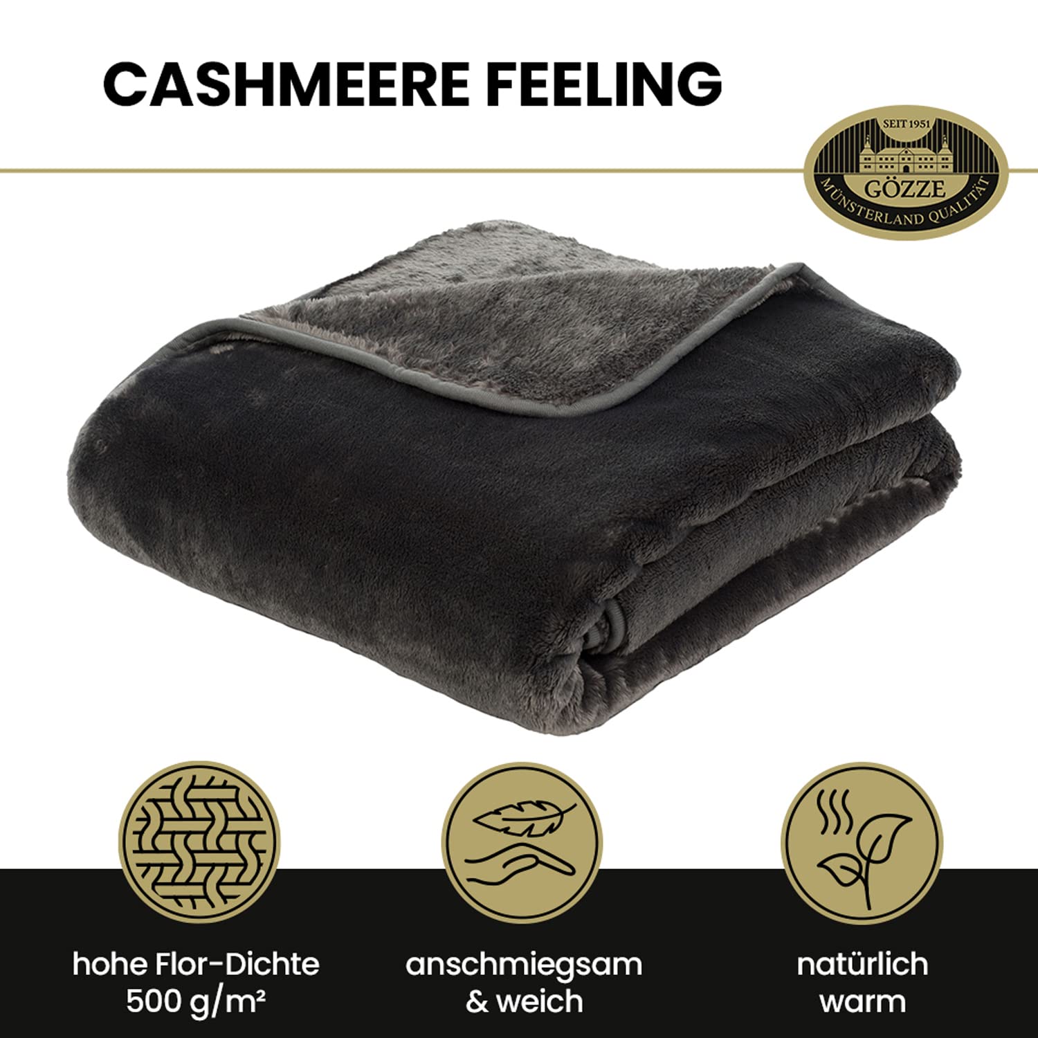 Gözze Premium Cashmere-Feeling Kuscheldecke 500 g/m² 180 x 220 cm Anthrazit