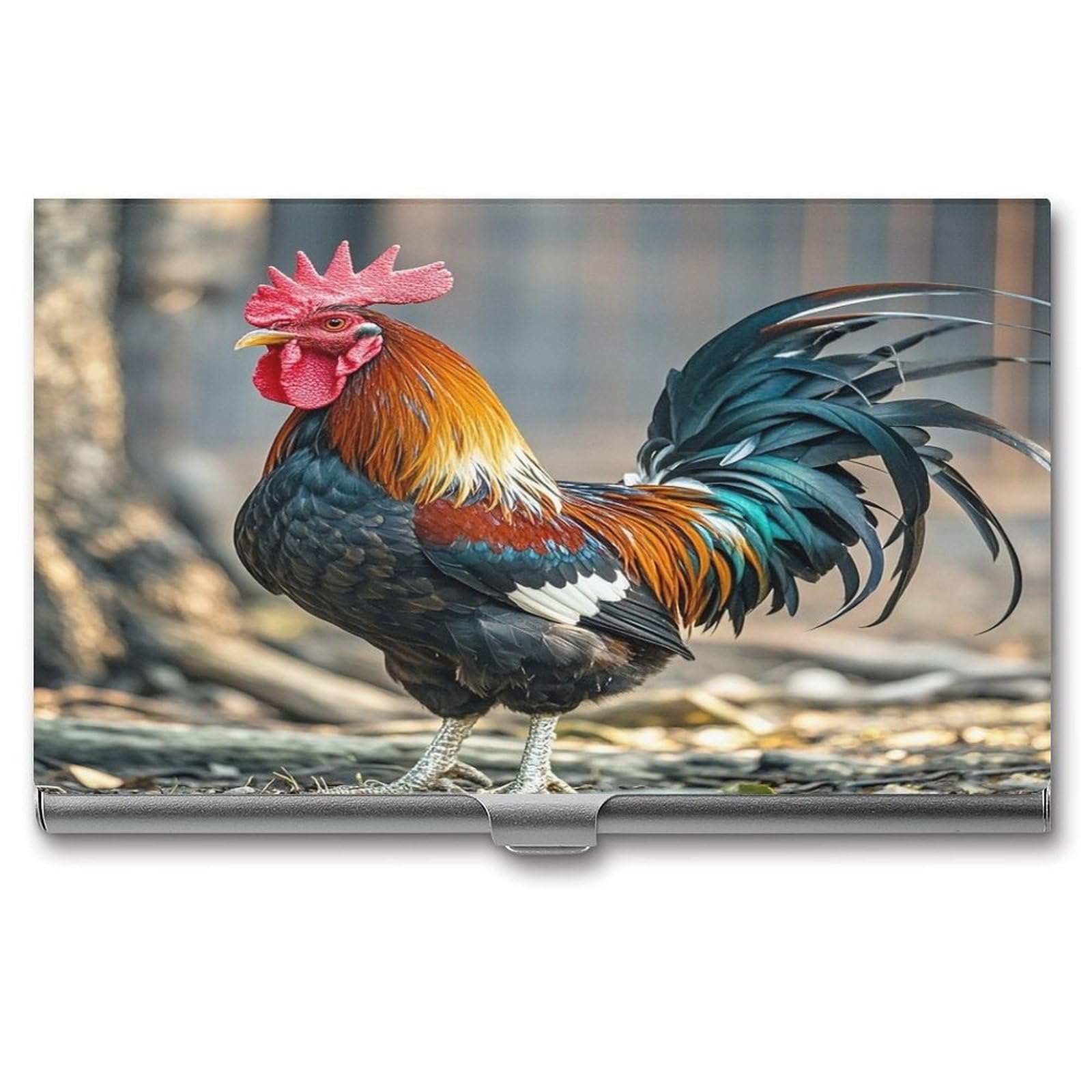 FekiLoot Old Rooster Illustration Business Card Holder Aluminum Alloy Business Card Case Convenient to Carry Business Card Dispenser for Men Women