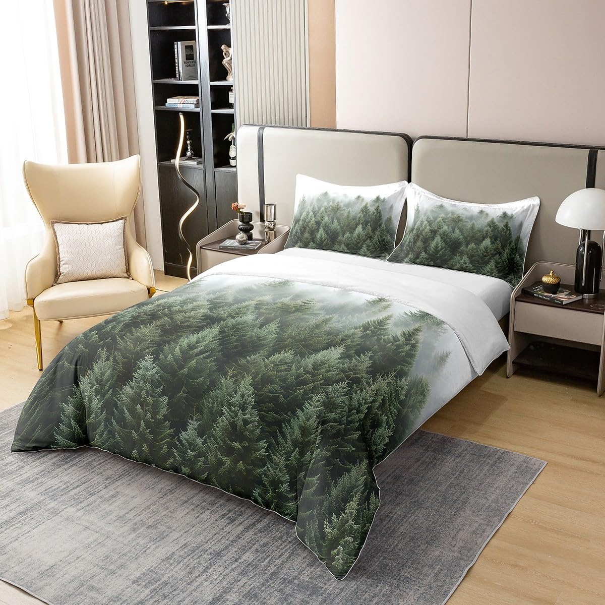 100% Baumwolle Woodland Bettbezug 155x220,Bäume Natur Nebelige Schlafzimmer Dekor Tröster Abdeckung,Botanische Berge Bettwäsche Set für Schlafzimmer,Grüne Weiße Pflanzen Jungen Mädchen Bettbezug