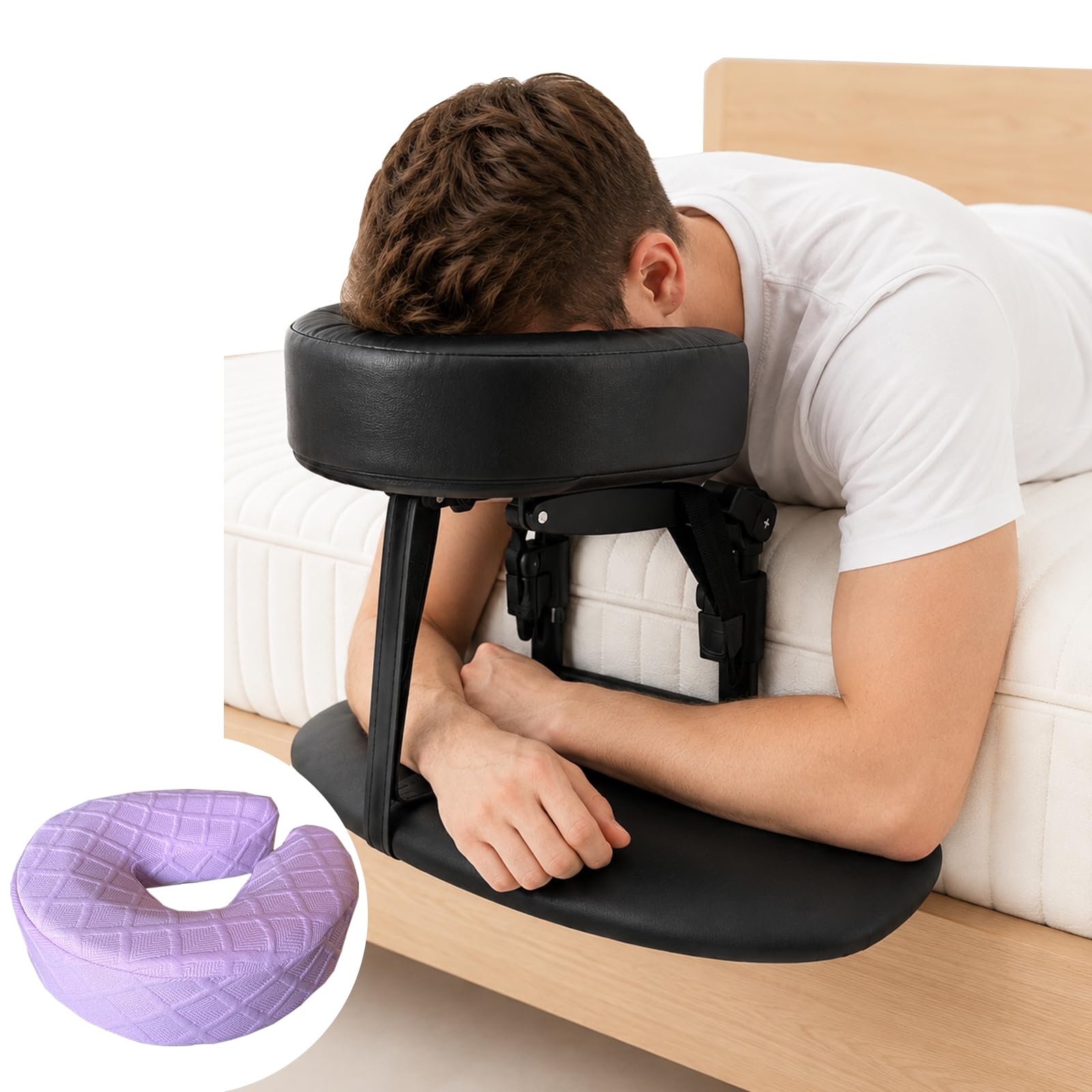 CENHIYY Massage Headrest for Bed with Armrest, Adjustable Face Cradle for Home Mattress, Portable Massage Face Down Pillow for Beauty Salon SPA Home with 2 Pillowcases(Purple Cotton & Black Leather)