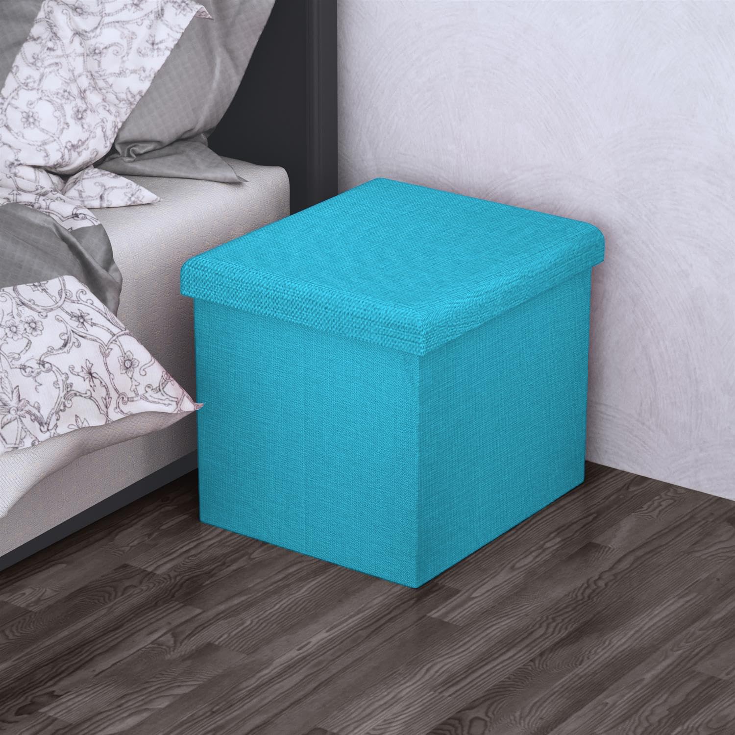 INTIRILIFE Pouf Pieghevole 30x30x30 cm in Blu Celeste - Cassapanca Cubo Contenitore Imbottito de Tessuto a l'Ottica Lino con Coperchio - Ottomane Poggapiedi Sgabello Panca Poltrona