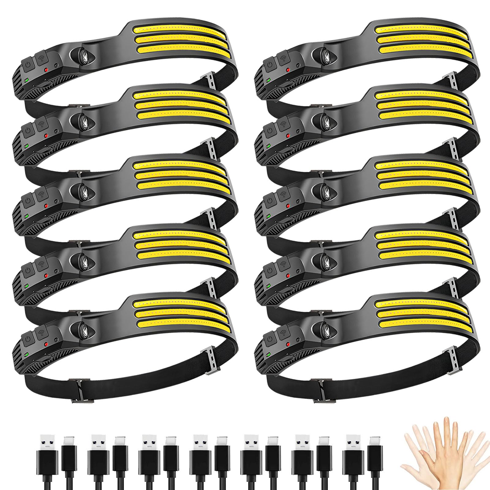 LED-Stirnlampe wiederaufladbar mit 3 LED-Streifen, 230 ° breiter Strahl, Stirnlampe für Stirn, 6 Modi, Hartschalenlicht für Erwachsene, Taschenlampe für Arbeit, Wandern, Laufen, Camping, Essentials