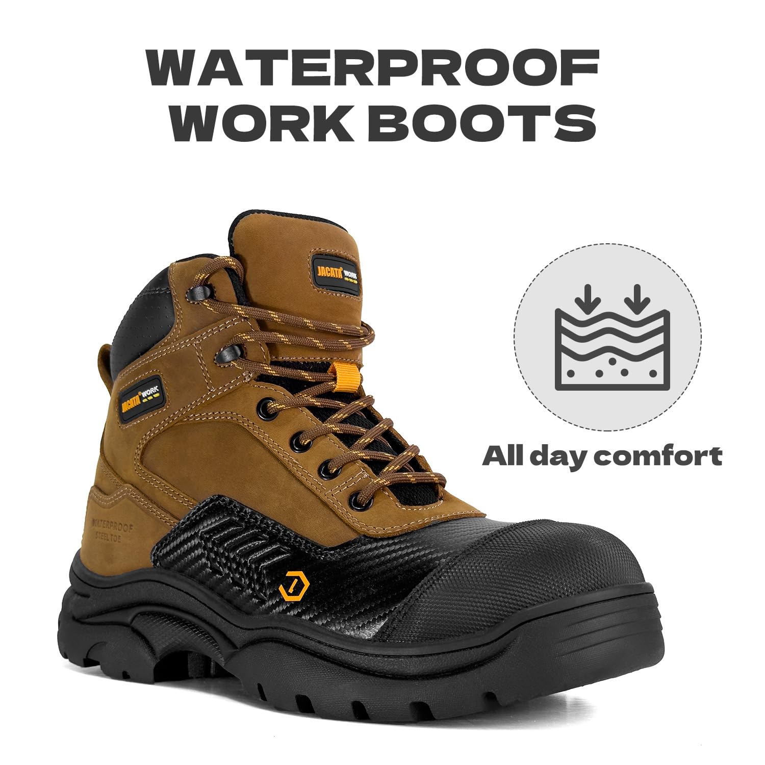 Jacata Waterproof Leather Soft/Steel Toe Work Boots For Men,Heavy Duty 6Inch Oil/Slip Resistant Rubber Outsole Comfortable Construction Industrial Safety Men’s Work Boots