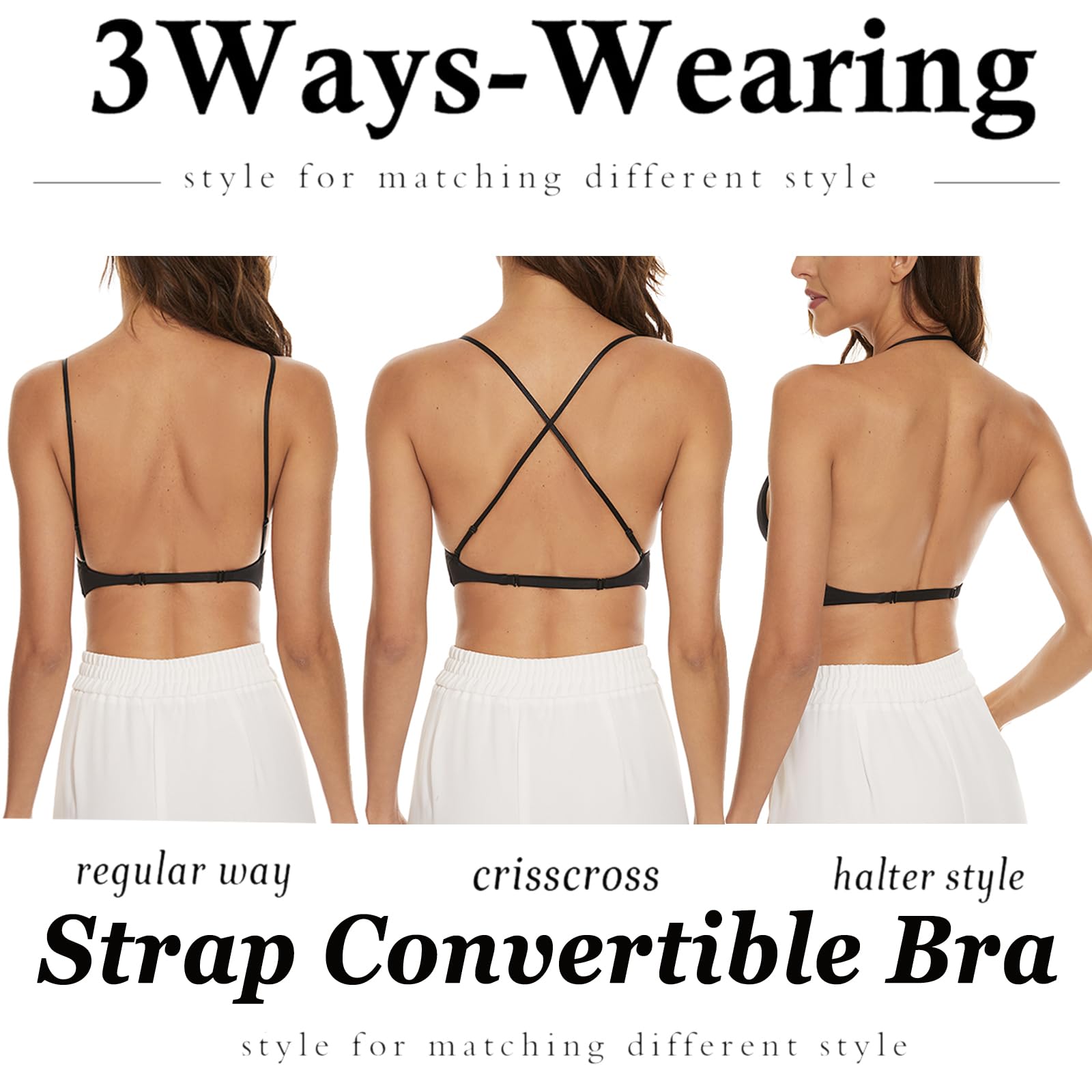 Brasier de espalda baja con tirantes para mujer, escote en V profundo, corte bajo, espalda descubierta, tirantes convertibles, brasier halter, Negro, Small