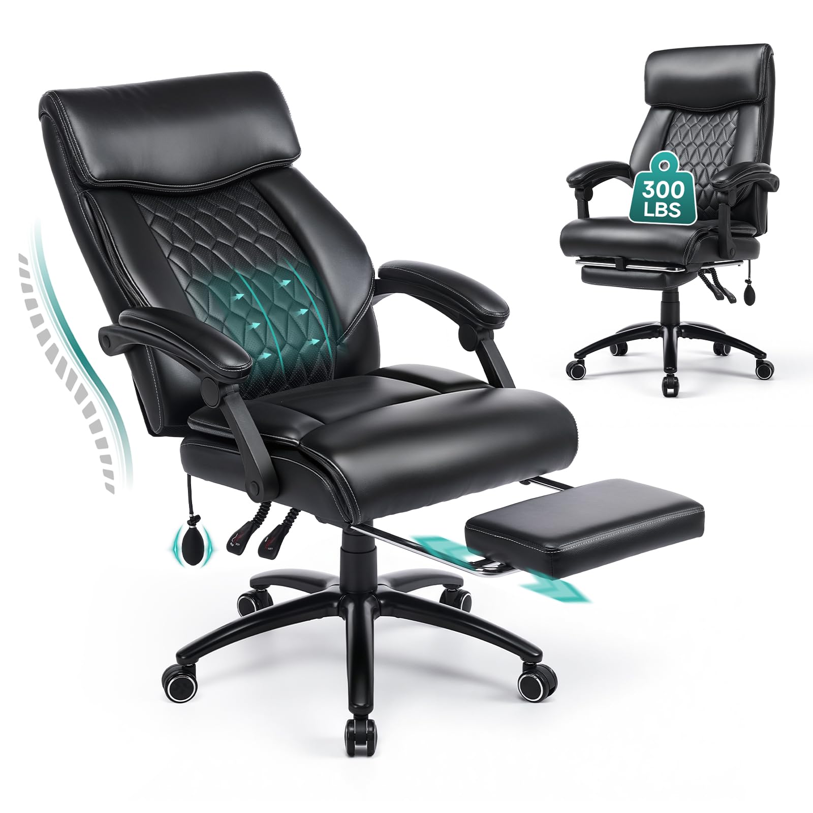 COLAMY Executive Office Chair with Foot Rest, Ergonomic Leather Computer Chair with Inflatable Lumbar Support, Home Office Desk Chair with 90°-130° Reclining High Back for Adult Working Study, Black