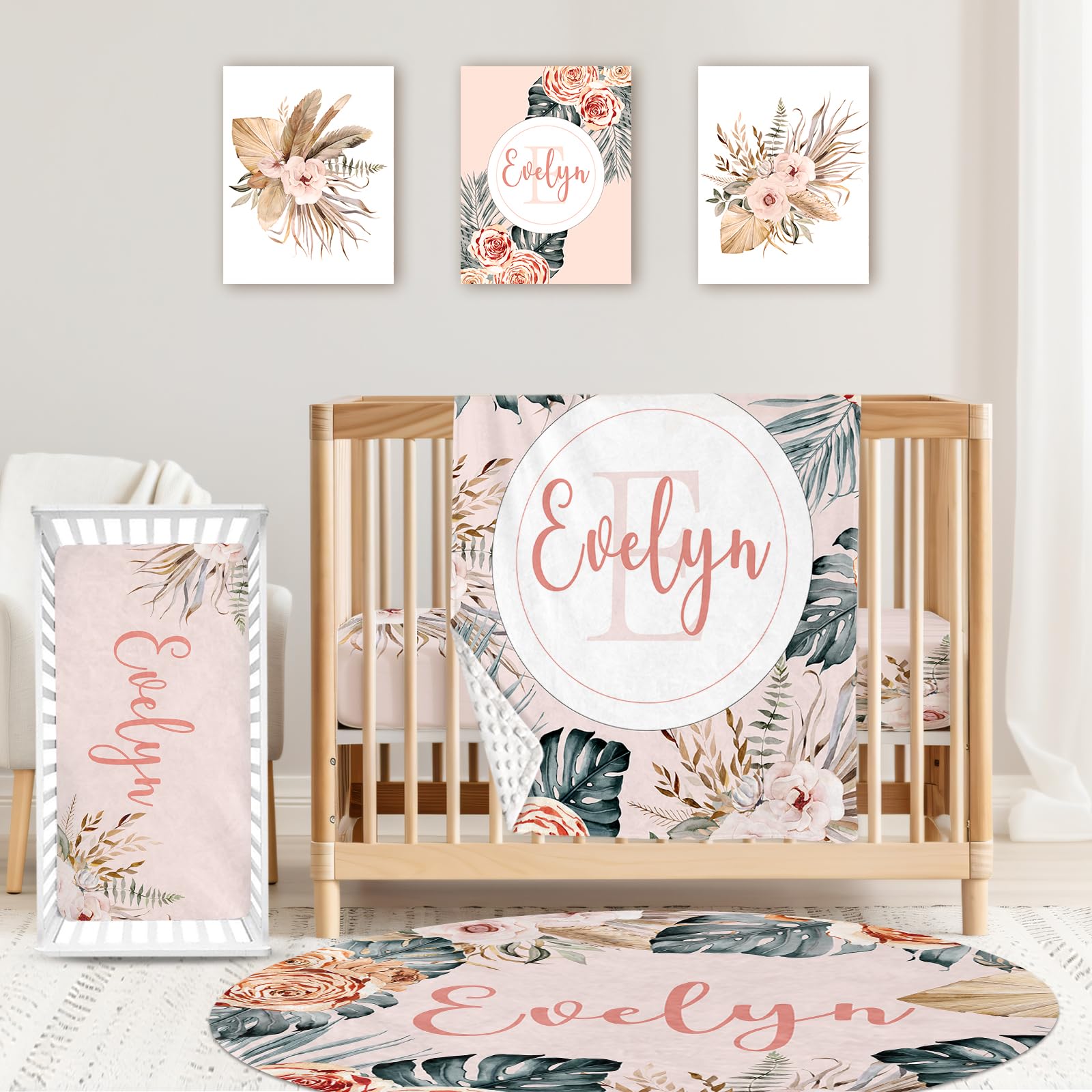 Personalized Baby Crib Bedding Set 4 Piece Custom Bohemian Flowers Crib Bed Set with Name Nursery Bedding Set