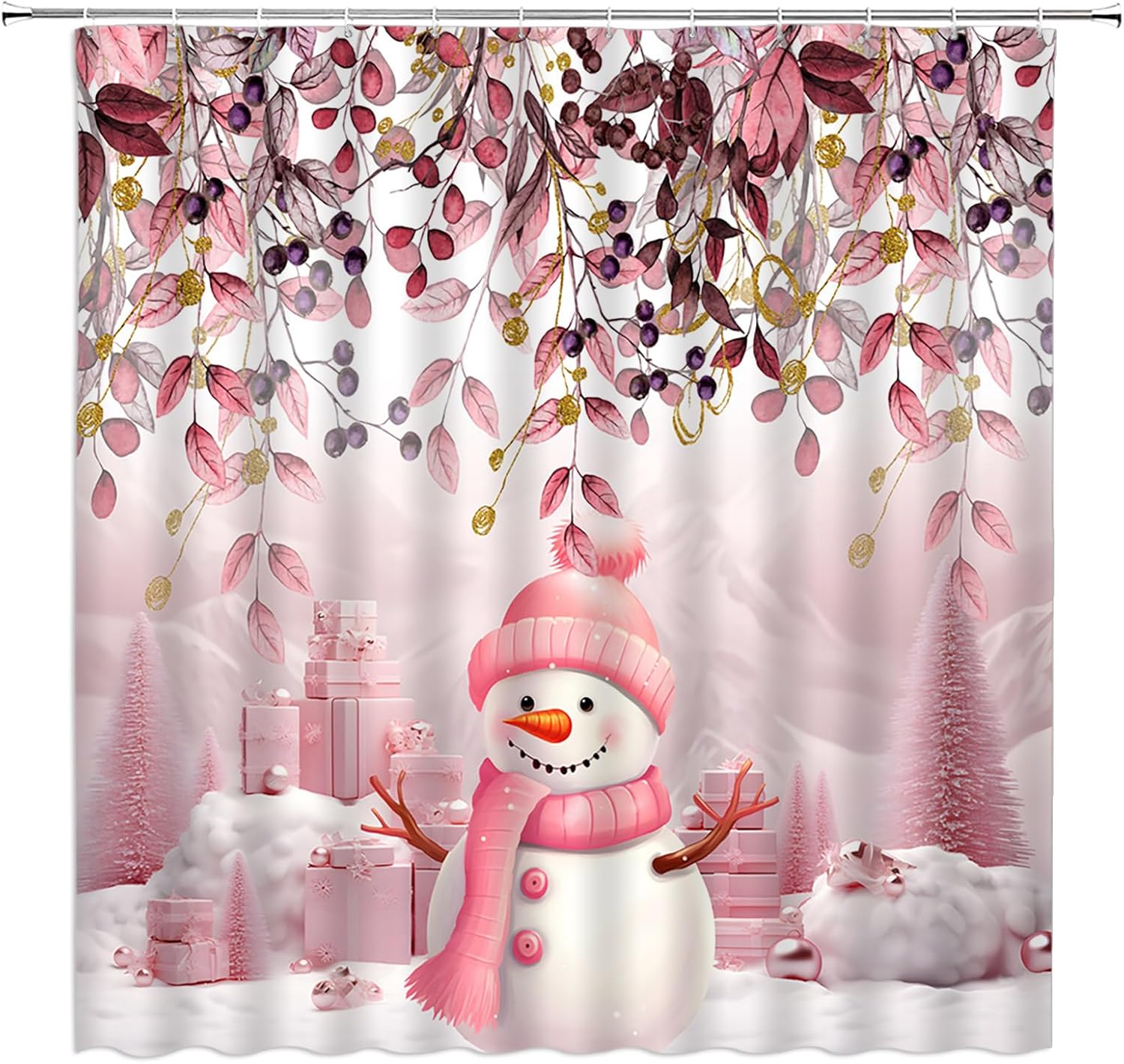 GCTNBJL Christmas Snowman Shower Curtain Cute Snowman Leaf Leaves Snow Winter Holiday Pink Extra Long Bathroom Home Curtain with Hooks,70x78 Inch