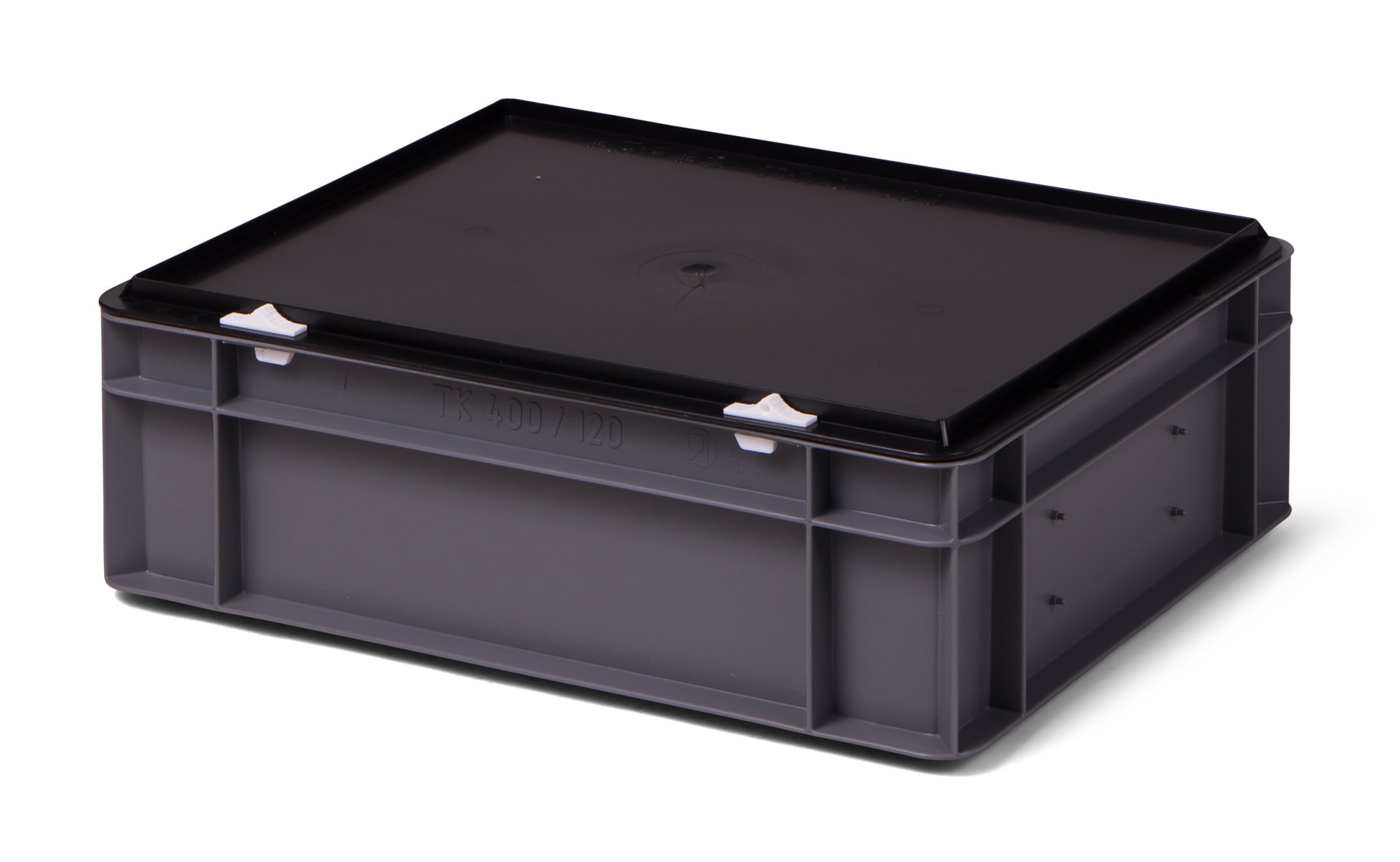 1a-TopStore Set 4 Stück Euro-Transport-Stapelbox/Lagerbehälter KTK 400/120-0, grau, mit Verschlußdeckel schwarz, 400x300x131 mm (LxBxH), Profiqualität für Industrie u. Gewerbe