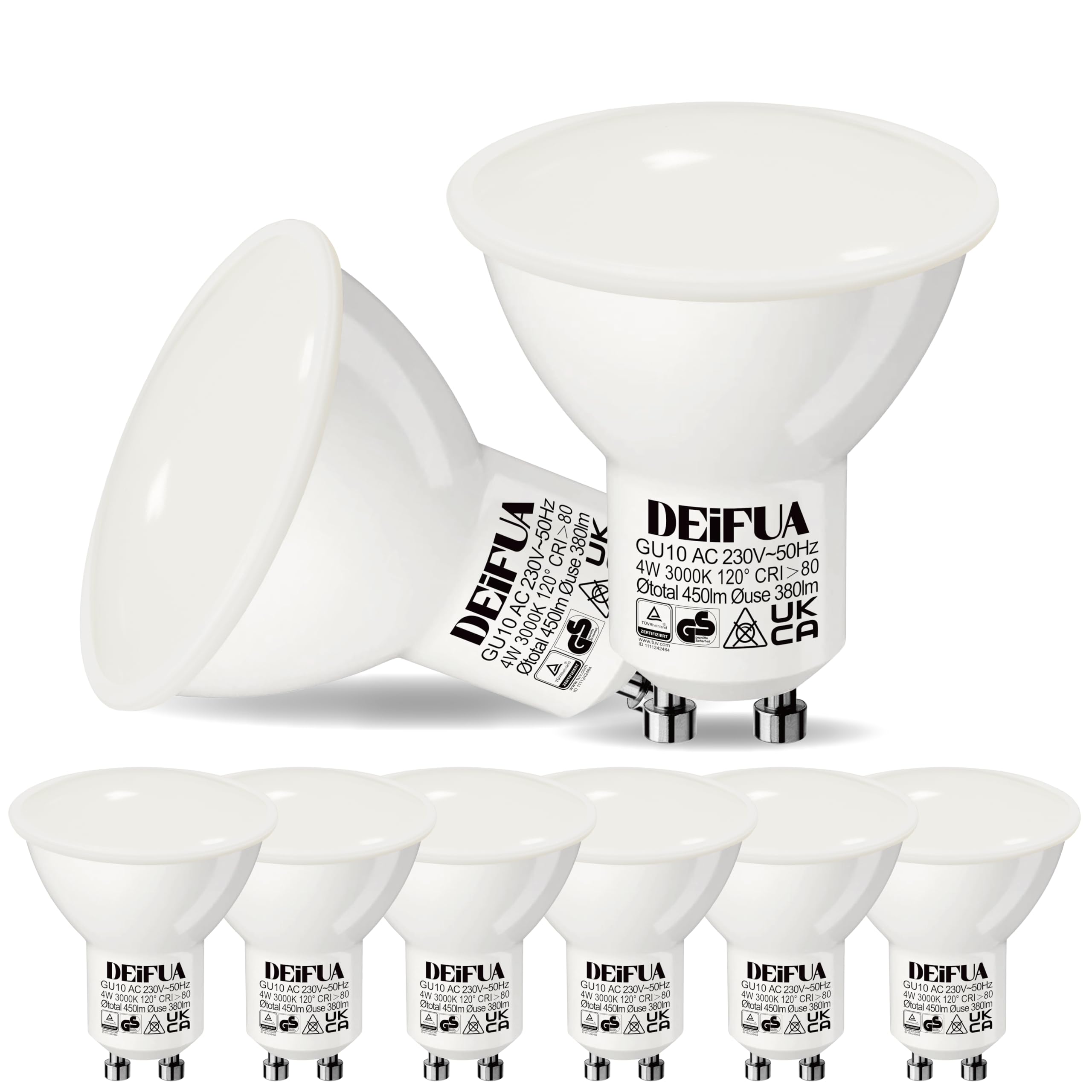 DEIFUA Pack of 6 GU10 LED Light Bulbs, Warm White, 450 Lumens, 4W Equivalent to 50W, Halogen, 3000K Spot PAR16 Without Flickering, Wide Beam Reflector Lamp 120° Non-Dimmable