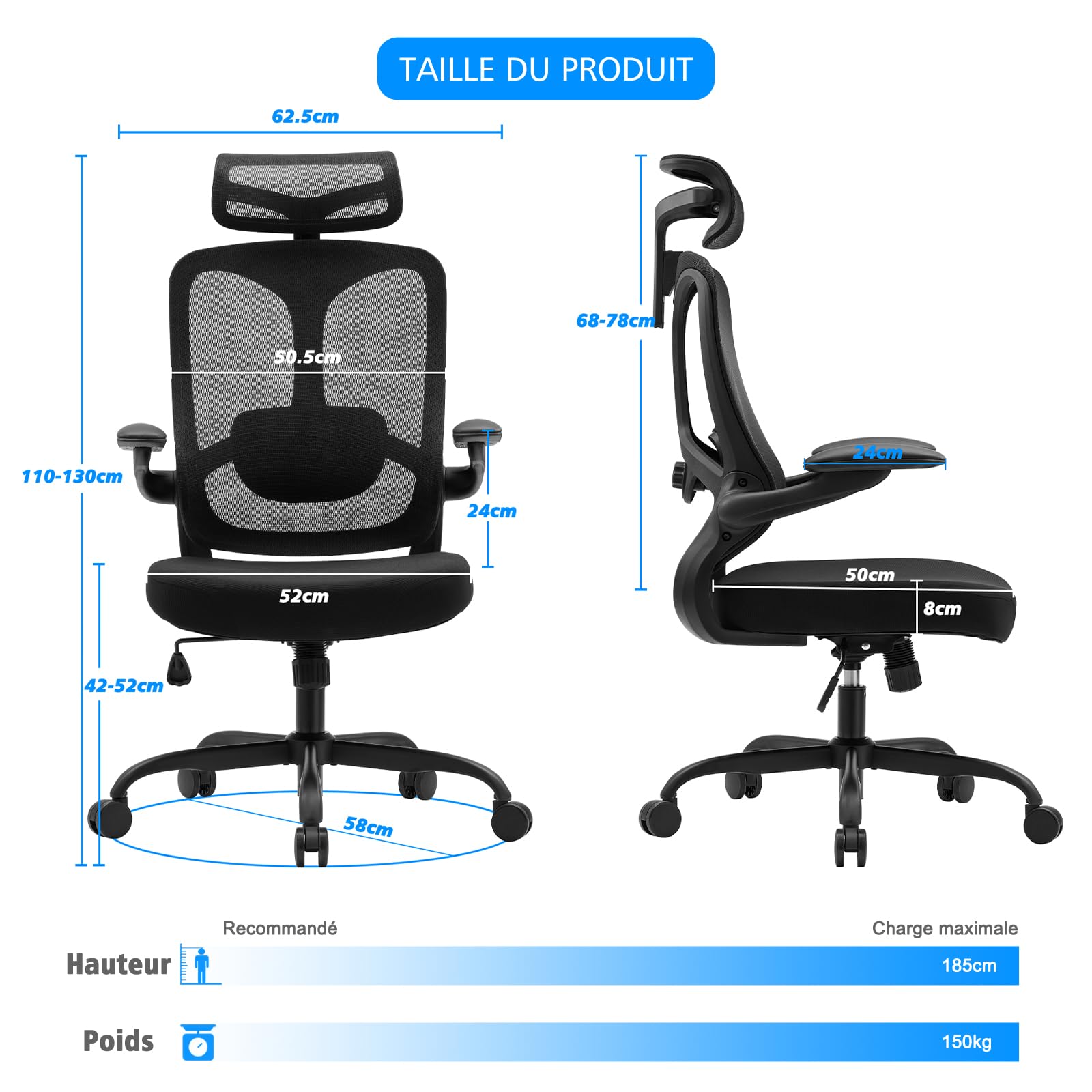Magic Life Chaise de Bureau Ergonomique,Chaise avec Appui-tête 2D en Maille avec Dossier Haut,Support Lombaire Confortable,accoudoirs réglables (Negro)