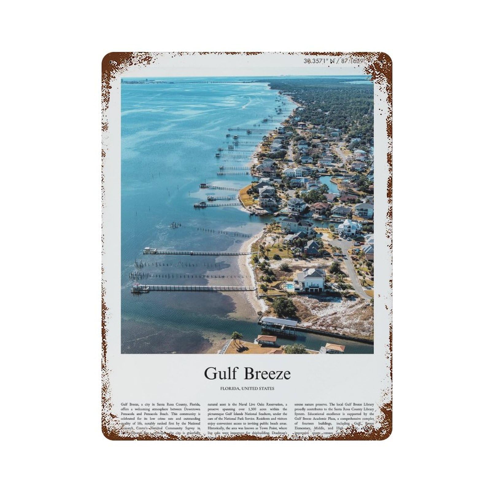 xiaoxiaoshen Gulf Breeze Florida City Scenery Wall Decor Art Metal Tin Poster Modern Home Decor Art Home Bar Shop Decorations Vintage Sign 40x30cm