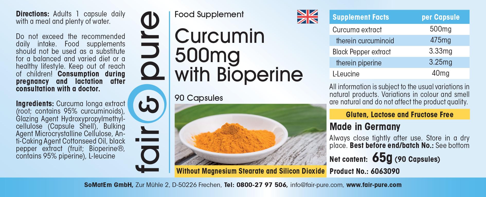 Fair & Pure® - Curcuma in capsule con Pepe Nero - Curcumina 500mg - 95% Piperina - Vegano - 90 Capsule