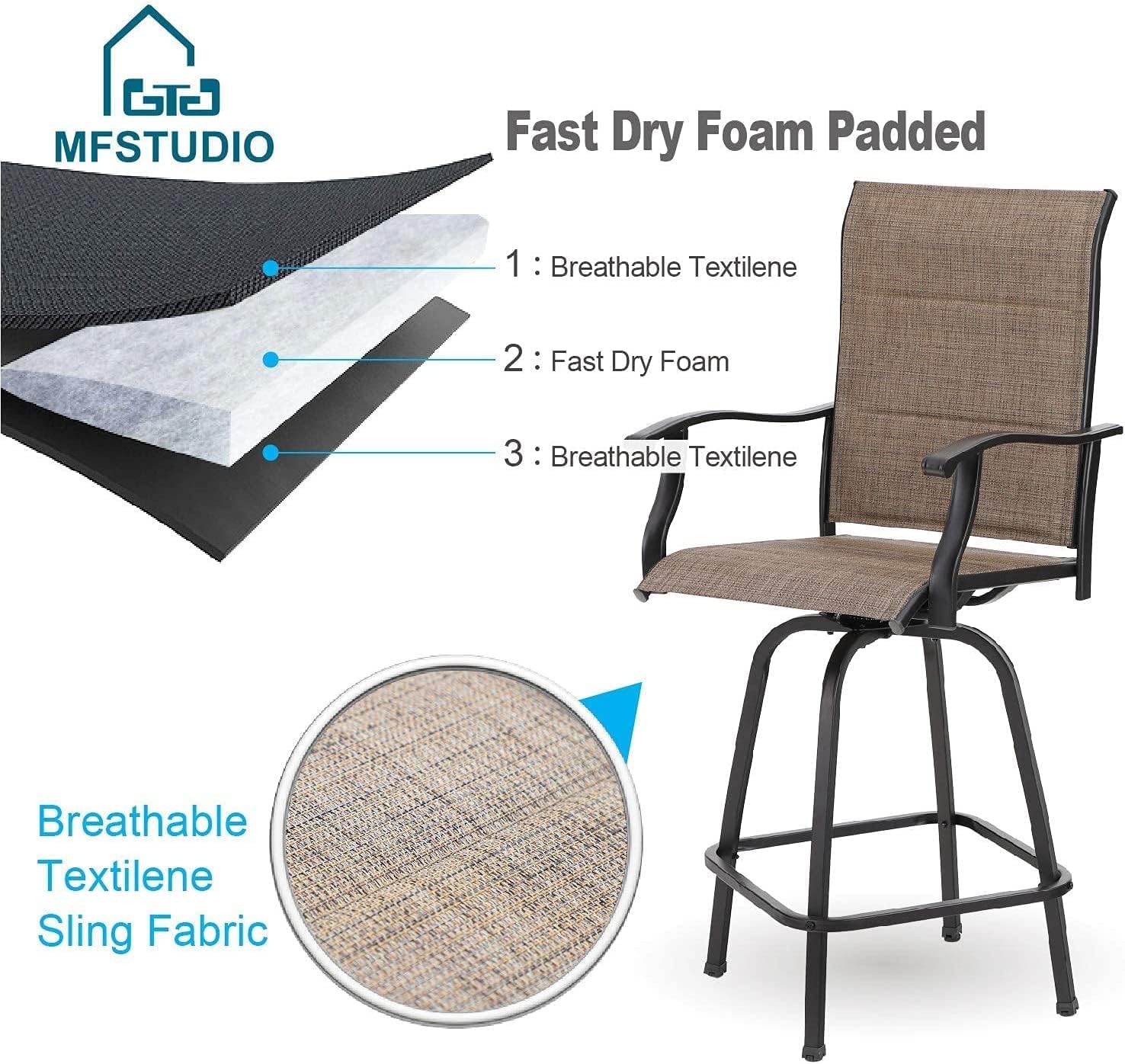 MFSTUDIO 2 PCS Padded Outdoor Swivel Bar Stools, Patio Bar Height Sling Chairs, Steel Frame All-Weather Resistant, Brown : Patio, Lawn & Garden