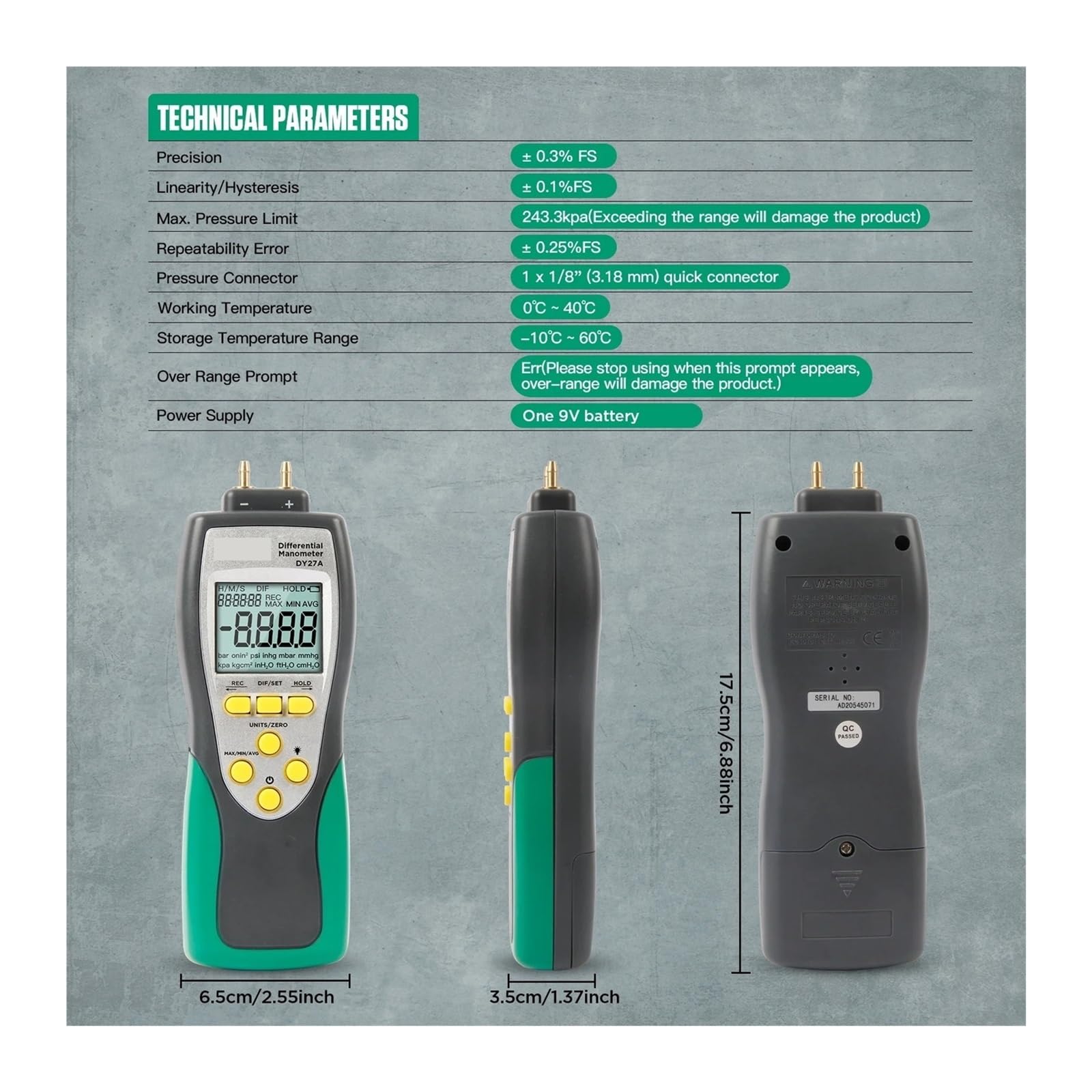 Manómetro de presión diferencial Digital DY27A probador manómetro aire precisión 0.001 psi,Medición de precisión