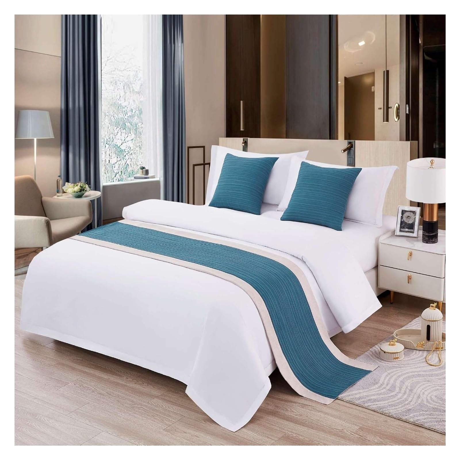 JFGCTYHXY Bed linen throws, Green Bed Runner For Full/Queen, Bedspread Protector Cotton/Linen Splicing Slipcover Scarf(Blu,50 * 180cm for 120cm Bed)