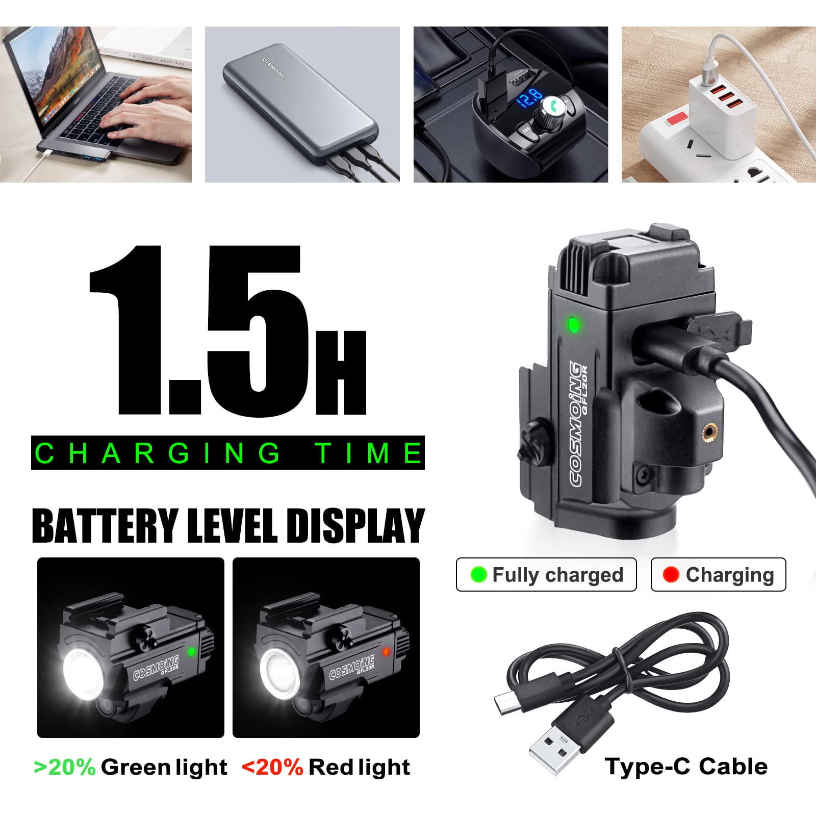 COSMOING Red Laser Light Combo, 800 Lumen USB Rechargeable Gun Flashlight Laser Sight Combo with Strobe Function for Pistol Handgun Rifles with Picatinny Rail Mount — view 6