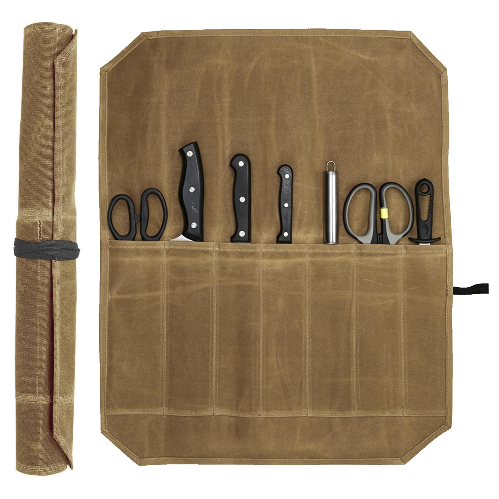 LINISITING Waxed Canvas Knife Roll Bag, 7 Slots Knife Roll Bag, Portable Waterproof Cutlery Tool Storage Case, Drawstring Design Handbag for Camping Hiking Kitchen Chef Tools Organizer