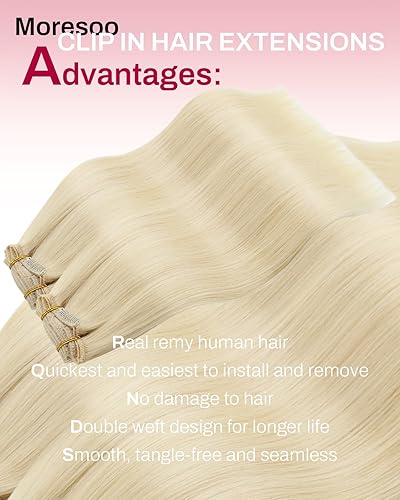 Miniatura 2 de Moresoo Extensiones de cabello humano Remy con clip, color rubio platino, extensiones de cabello humano real de doble trama, color rubio #60, 18