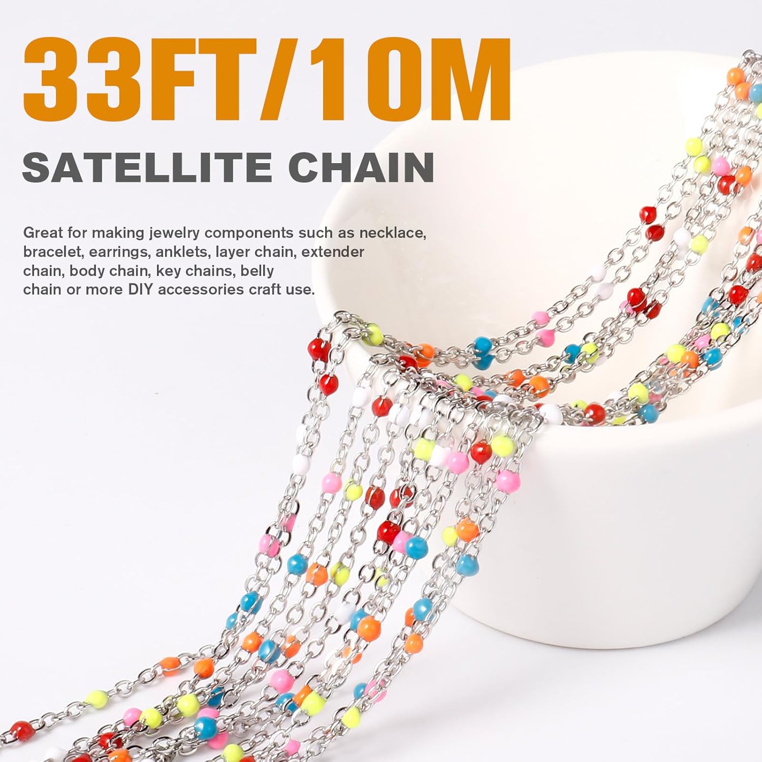 33 Feet Stainless Steel Enamel Chains Bulk, 2mm 304 Stainless Steel Colorful Enamel Beaded Cable Link Chain Roll Spool for Jewelry Making - Image 2