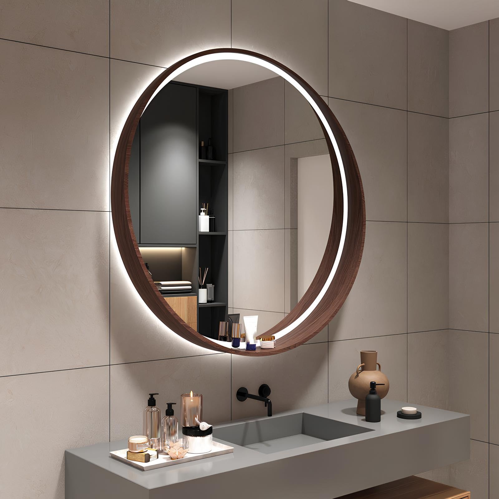 FGXHHS Bathroom LED Mirror with Shelf Storage 3Color Wall-Mounted Vanity Lights, 50cm/60cm/70cm(Walnut,50cm/19.7in)