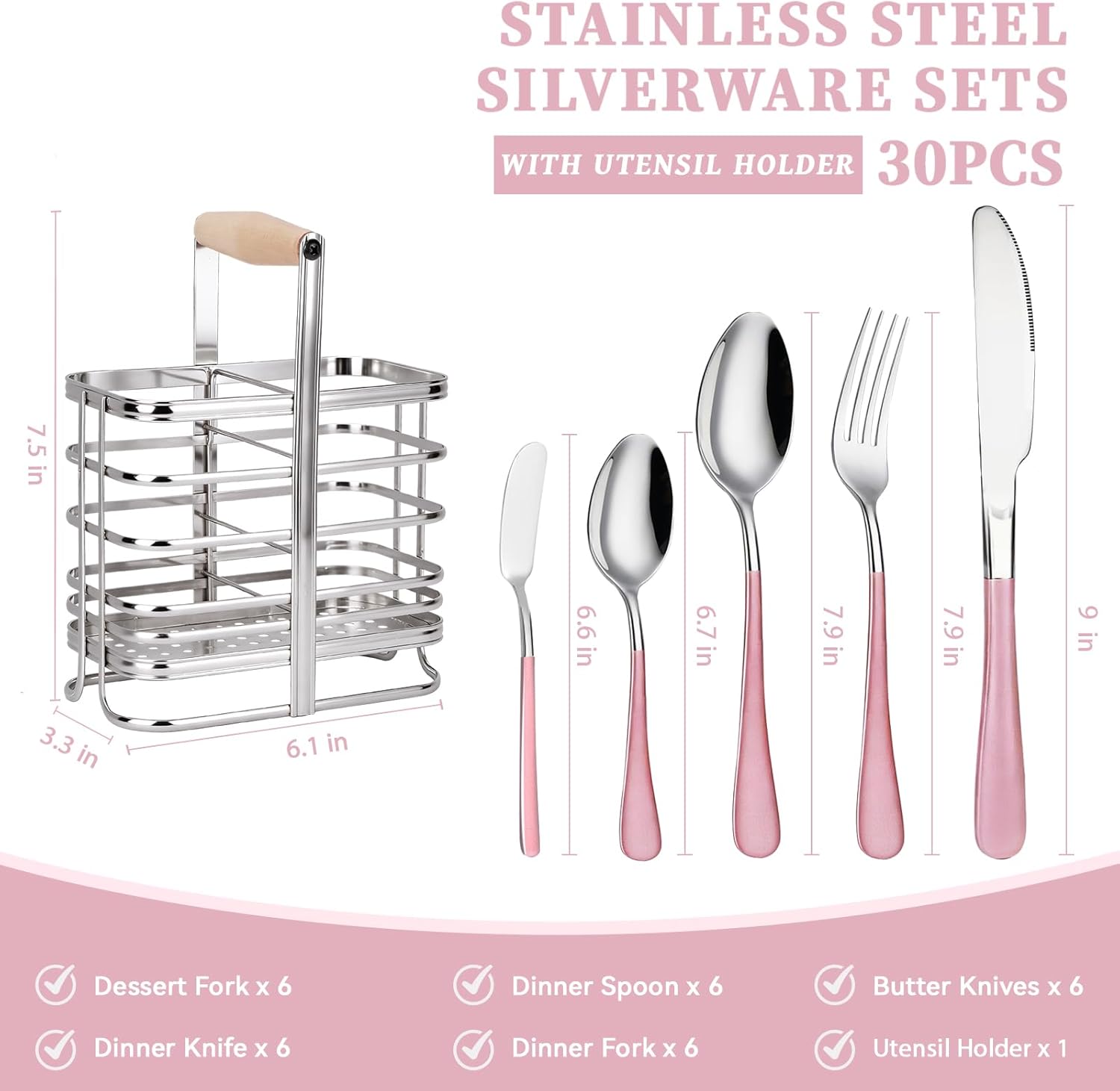 30 Pieces Silverware Set, Stainless Steel Cutlery Set with Holder, Flatware Set for 6 Person Tableware Set Includes Dinner Knives Forks Spoons Teaspoons Butter Knives (Pink-30PCS)