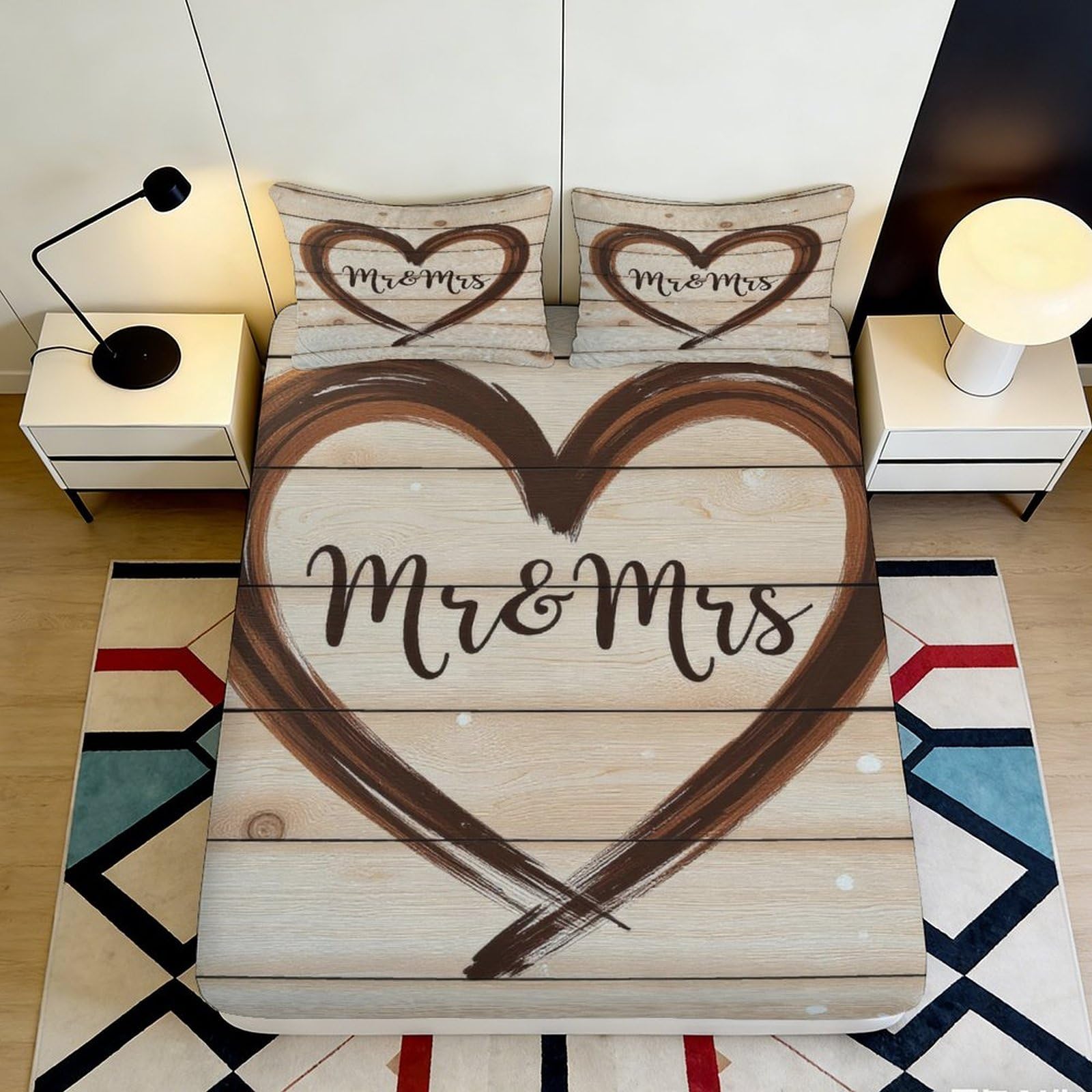 3D Printed Heart Wedding Fitted Sheet Microfiber Soft Decorative Mr Mrs Bed Cover for Bedroom Guest Room Protection 90x200x25cm