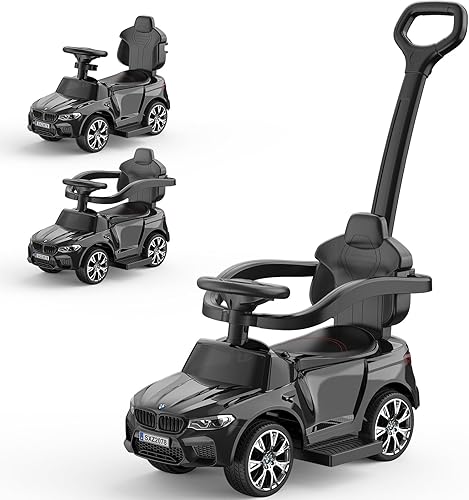 GAOMON Autos de empuje para niños pequeños 1-3, 4 en 1 con cuerno, música, luces LED y mango de empuje controlable (negro)