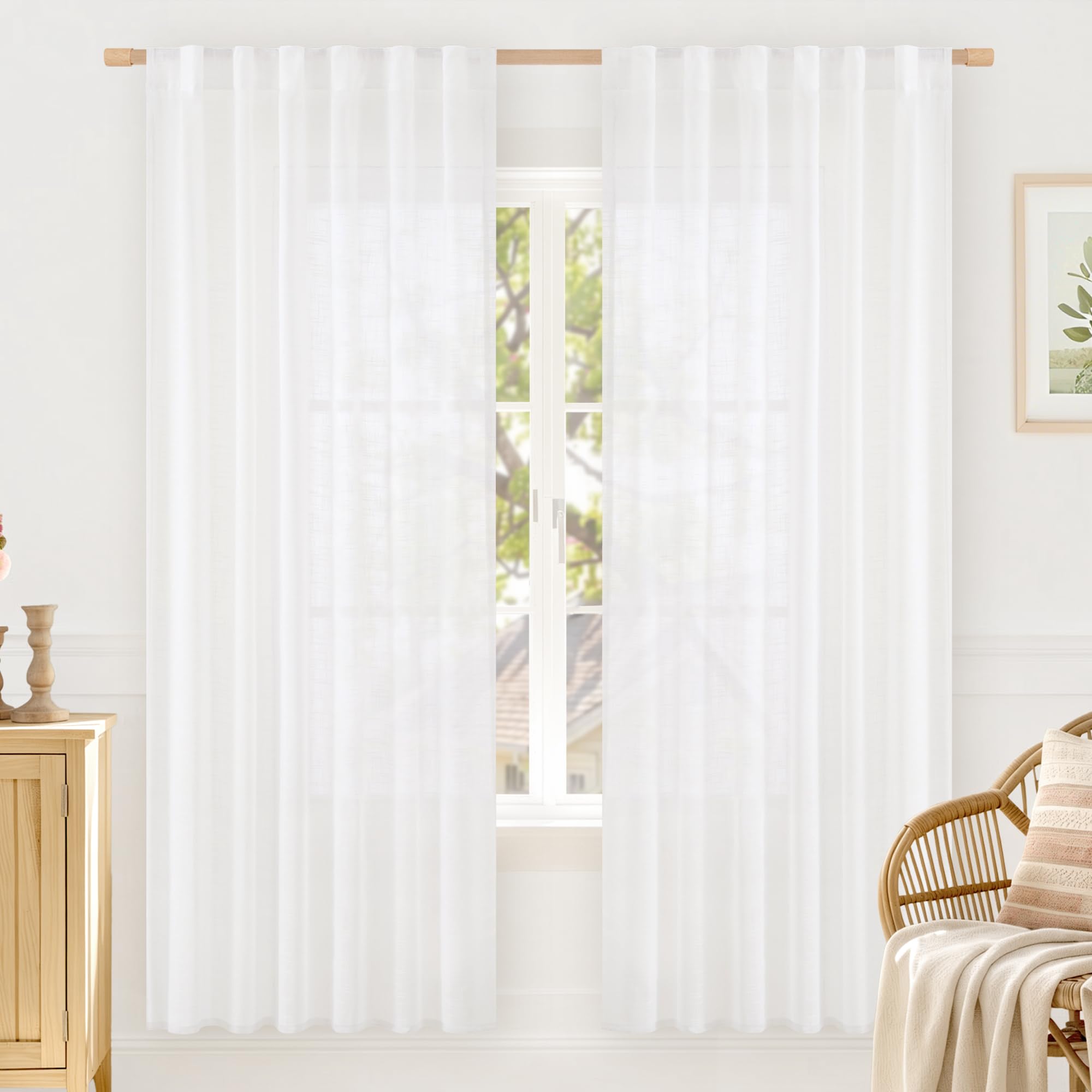 LAMIT Natural Linen Semi Sheer Curtains 84 Inches Long 2 Panels, Living Room Linen Textured Light Filtering Drapes Back Tab and Rod Pocket Neutral Window Panels for Bedroom/Sliding Door, 52 x 84 Inch — view 34