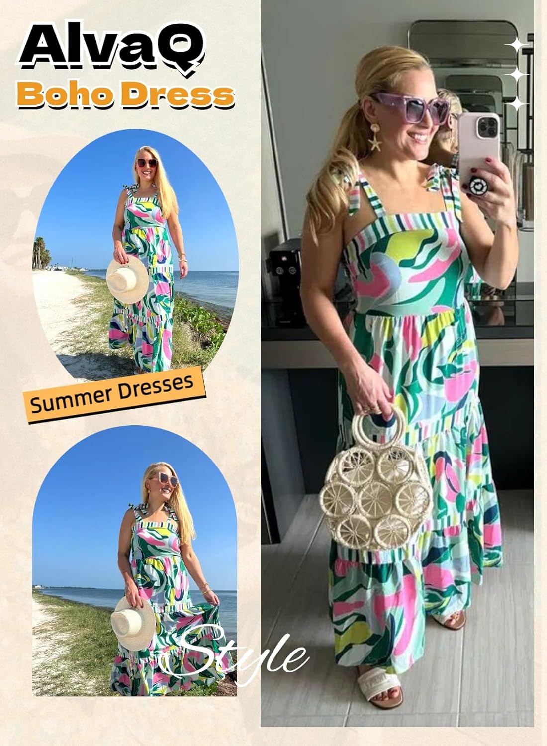 AlvaQ Women's 2025 Summer Sleeveless Floral Print Maxi Dress Strap Square Neck Beach Sun Dress - Image 3